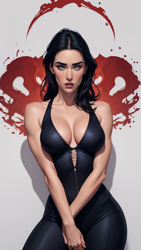 Beautiful character pose in dynamic love pose Jennifer Connelly with body in symmetry well defined body, delicado e sensual, estilo de desenho animado, digital illustration white background detailed art sexy eyes dating wearing intense hell clothes intense cold