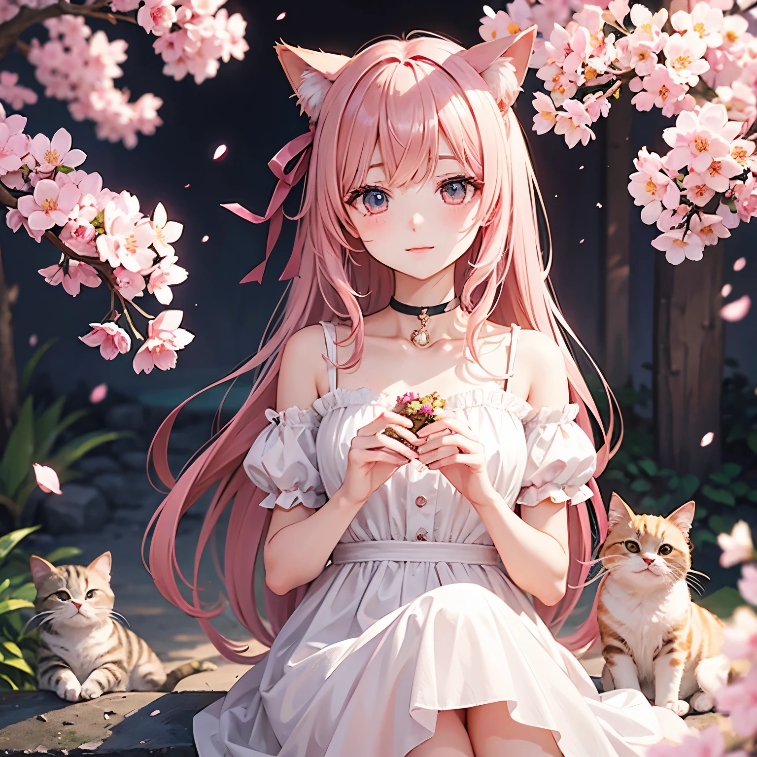 Cat with pink ribbon、Hair Pink、April、cherry blossoms