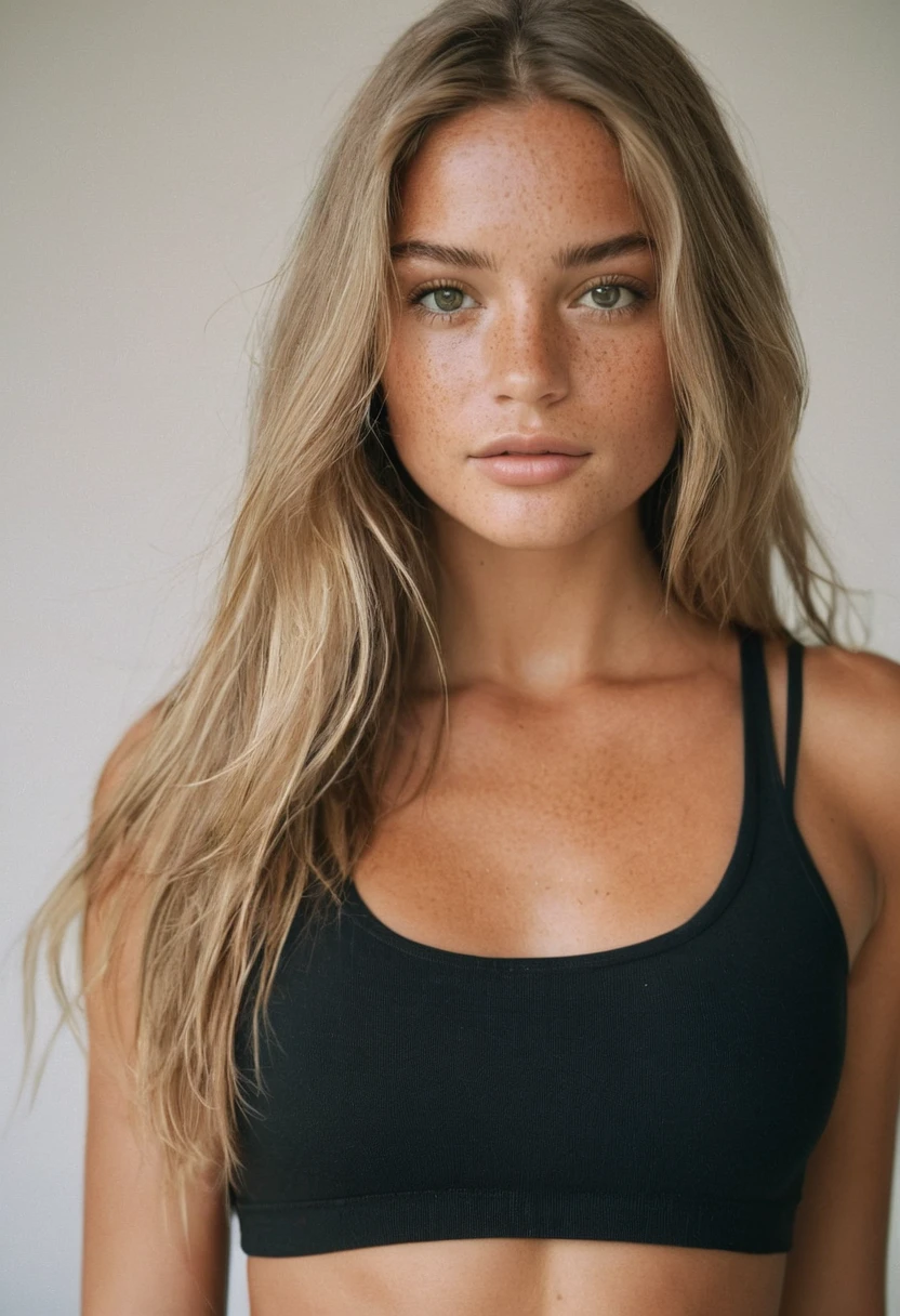 Supermodel, Brazilian, tanned, brown eyes, long dark blonde hair, standing against white background, beautiful , natural beauty, no makeup, model, realistic, natural, textured skin, freckles on nose, show whole body, zoom out, black tank, black leggings, Polaroid picture 