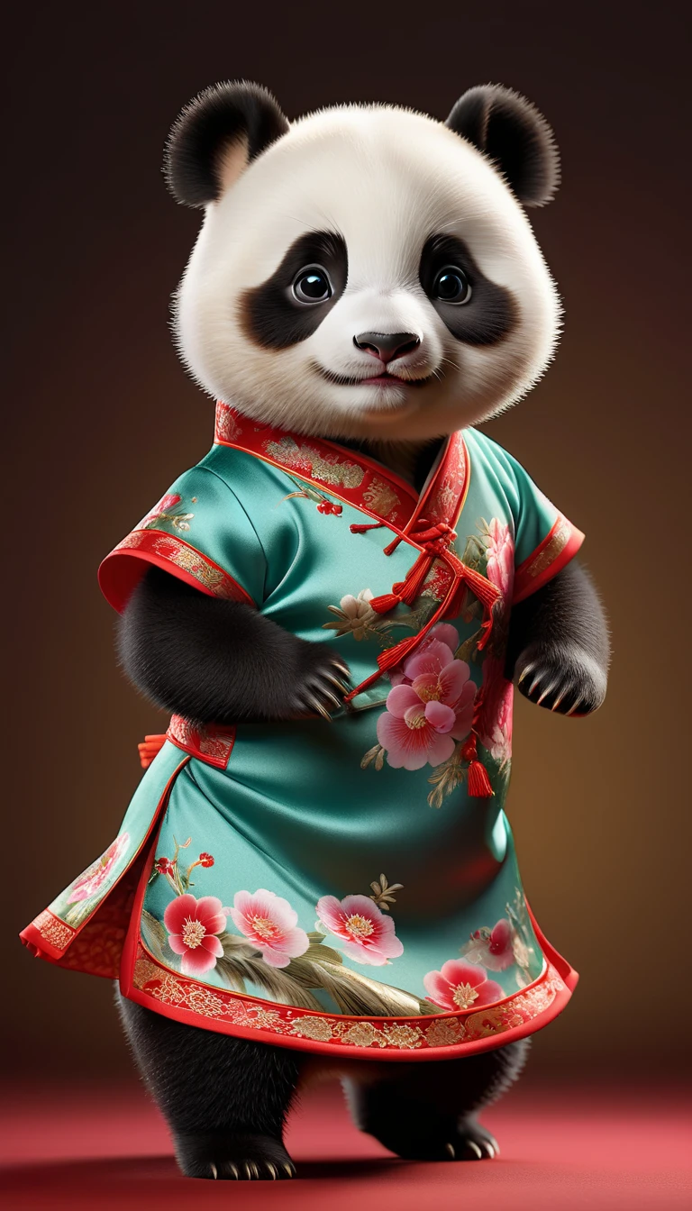Photorealistic portrait of animals wearing clothes - a chubby baby panda dancer,( Dance poses), high quality,(charming) ,intricate details, Very detailed ((Chinese cheongsam clothing)) ,Very detailed dress,, (happy), studio lighting,(full body image:1.5)