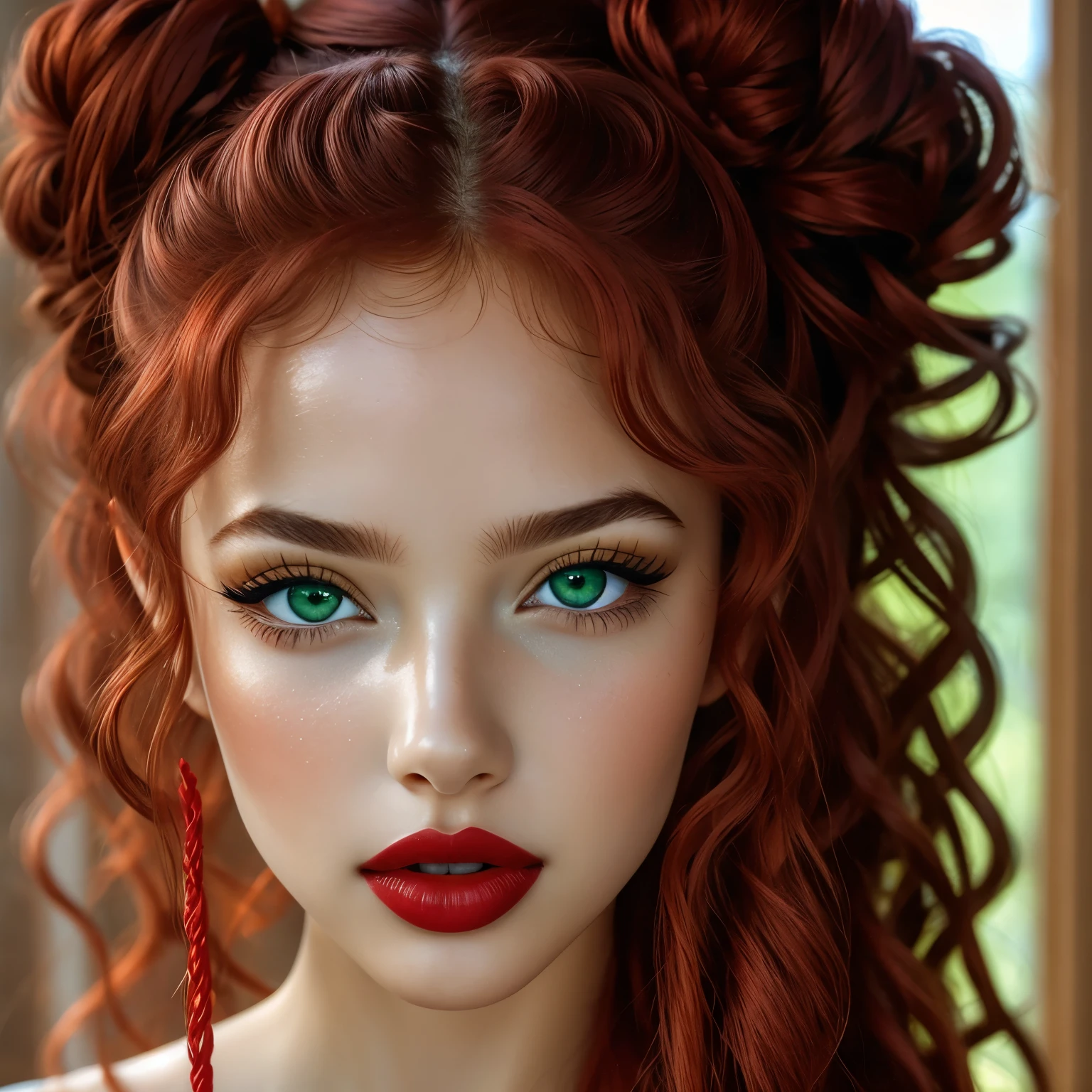 (masterpiece, best quality), ((realistic)), 1girl, solo, (((age 18))), (skin texture:1.1), (skin pores:1.2), (pale skin), (high detail face), ultra-detailed, ((Raw photo)), ((very long curly red hair)), (Big Twin tails), Looking at up, ((Green Gold Eyes)), (Translucent Cornea, luminosity:1.2), ((beautiful and perfect eyes)), Black Eyeliner, thin eyebrows, long eyelashes, ((full lips, lipstick hot red))