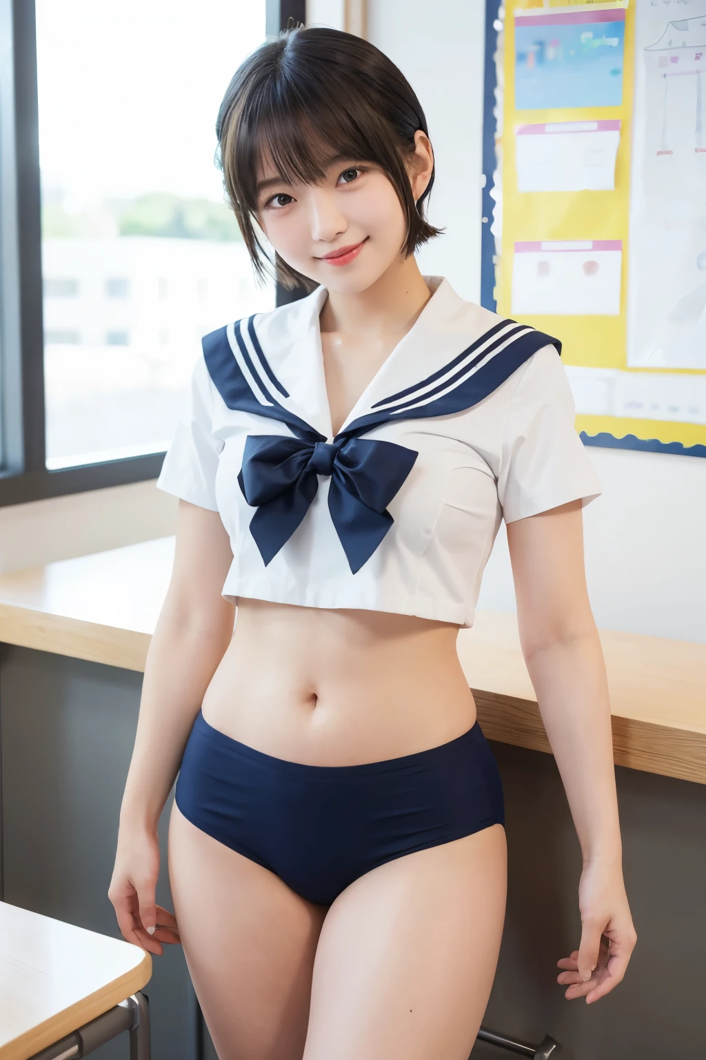 standing in a school classroom,White sailor shirt and navy bikini bottoms,18-year-old,bangs,a little smile,thighs,Total,knees,short cut hair,ponytail