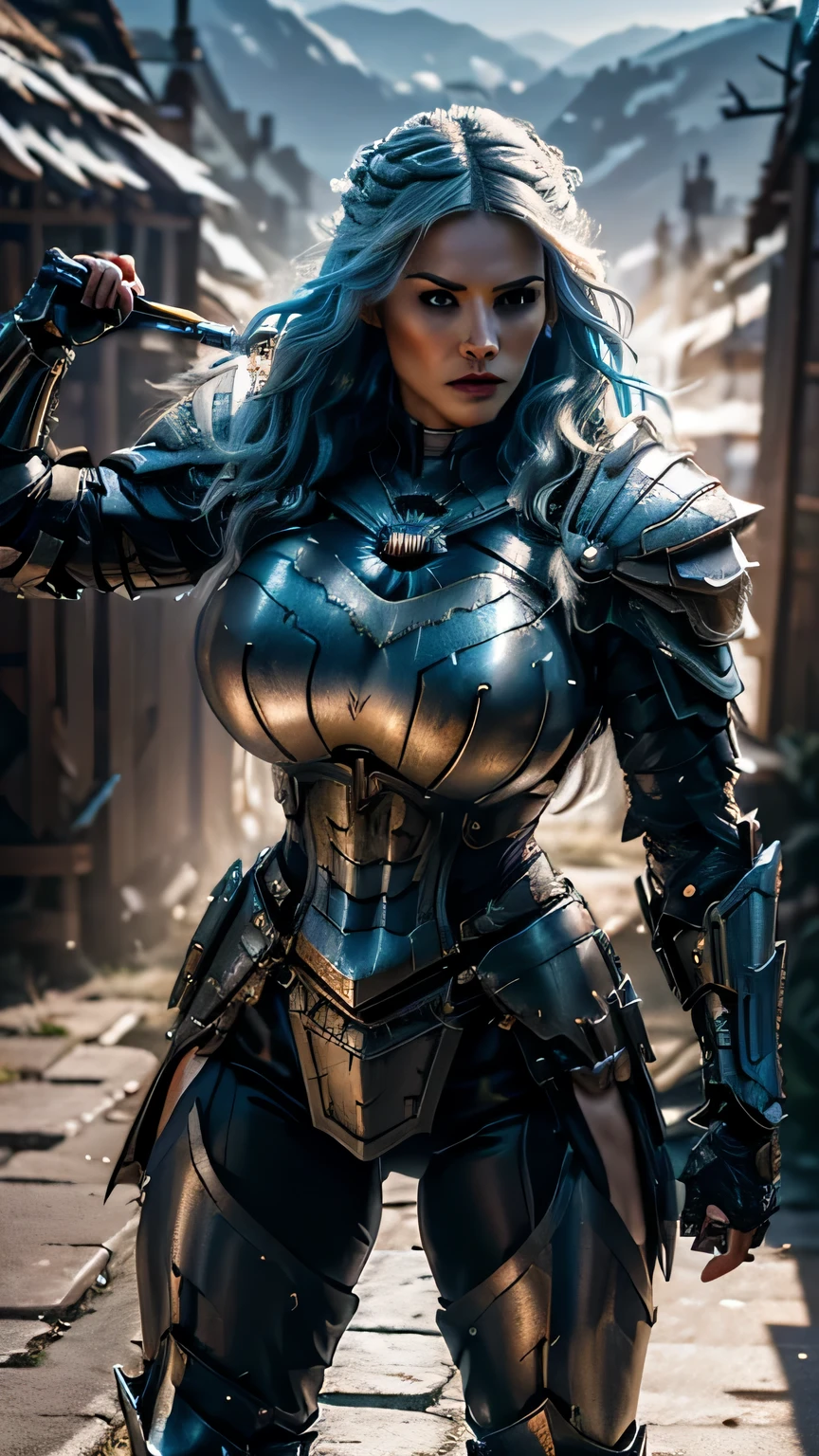 8K,asgard female warrior with very big breasts,Super beautiful(like the real thing),black very large chest armor,realistic skin,luxury black pants,Has a large, long black spear,sexy,muscular slim body,ripped abs,black shoulder armor,black waist armor,black leg armor,desert, rich colors, Backlight, cinematic lighting, film grain, RAW, 50mm lens,nikon　D850,ultra high resolution,Super realistic,goddess,battle scene,action scene,action pose,shine a light on the face, long wavy blue hair, the Witcher, the Witcher armor, yennefer
