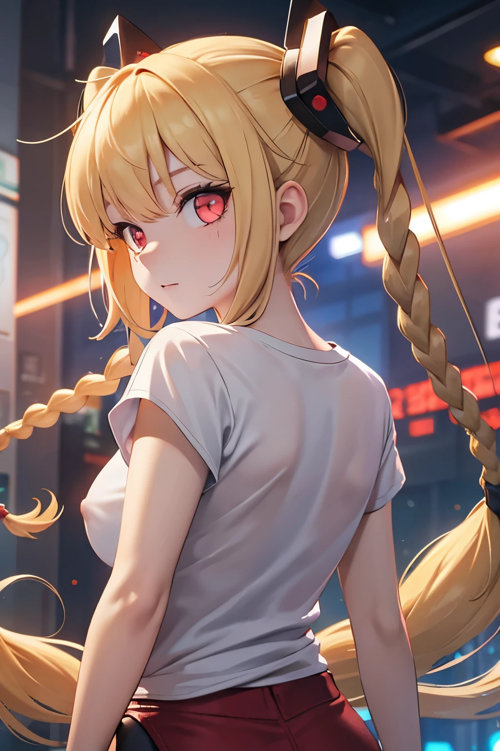 Optimal，masterpiece，High resolution，highest quality，hyper hd，Super detailed，award-winning，16k，alone，（Upper body），correct anatomy，beautiful cyberpunk girl，cowboy shot、cute face，，blonde、long hair、twin tails、Braid, Hairline，（（Scarlet Eyes）），long eyelashes，drooping corners of the eyes，white skin，((shot from behind)), ((T-shirt:1.5)), clock top、((transparent nipples))、rocket , (big breasts),