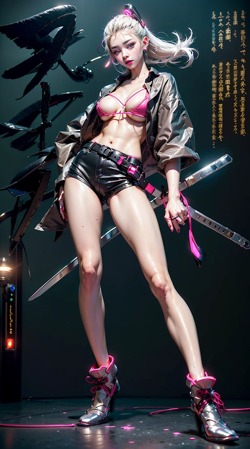 highest quality、surreal、perfect anatomy、crowded downtown area、Wet and shiny white skin、model body shape、silver hair、black micro bikini、nine-headed body、blush、Ahegao、tattoos all over the body、wear headphones around your neck、Rainy evening、cyberpunk city、neon lights、