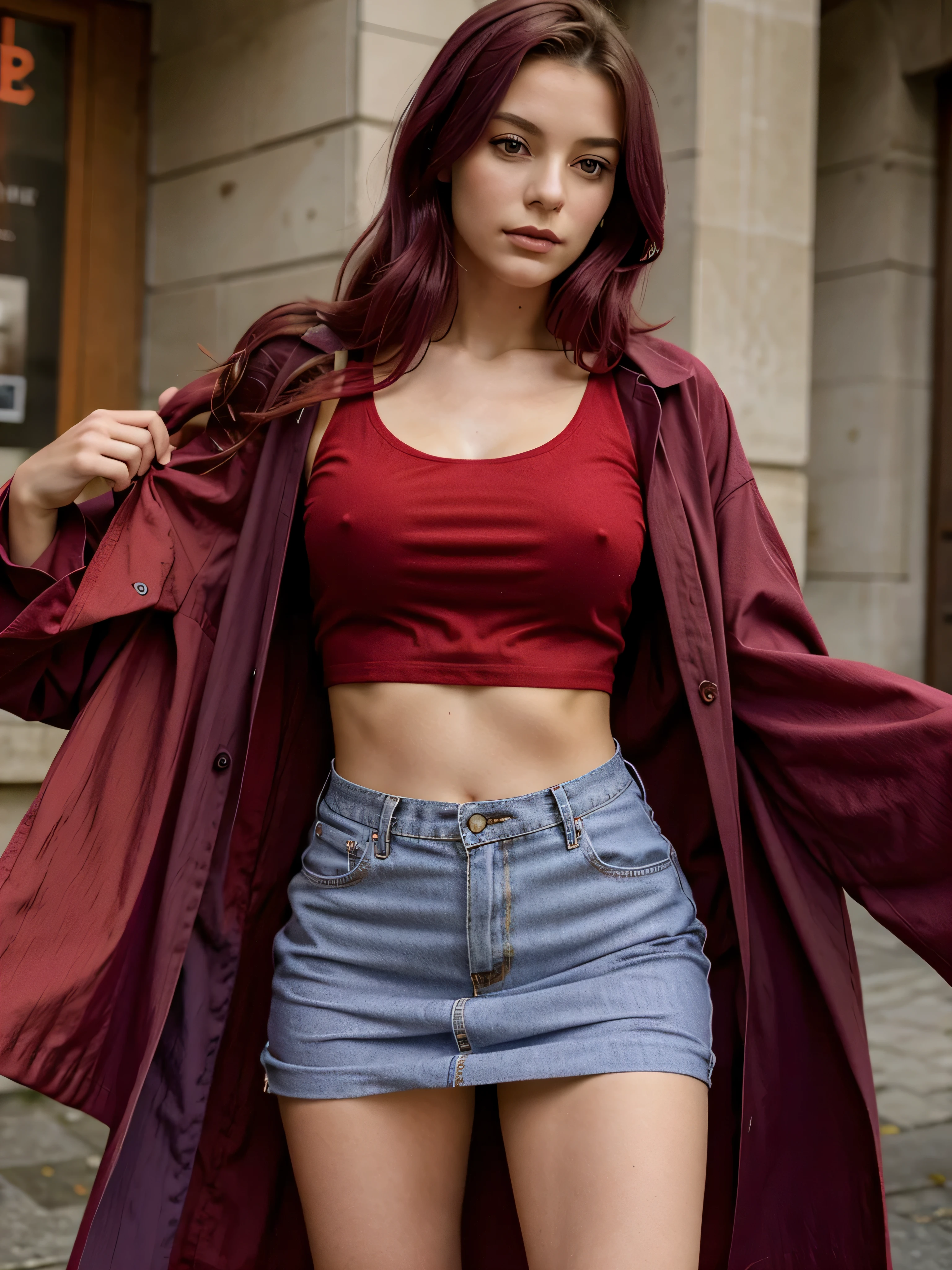 jeune fille de 20 ans au cheveux tres long violet avec une veste ROUGE, habiller en ROUGE, vetue de ROUGE, OUTFIT RED, une tenue rouge, tshirt rouge RED rouge, habiller rouge mode, robe rouge, tenue vestimentaire rouge
