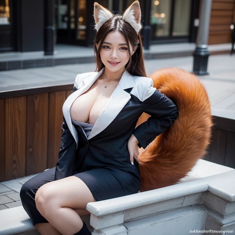 ((highest quality)), ((masterpiece)), (get used to it), perfect face, fox woman, Beautiful woman, public, It has a tail, she has a fluffy tail, she has a fox tail, she shows her tail, smile, She wears a business suit, big breasts