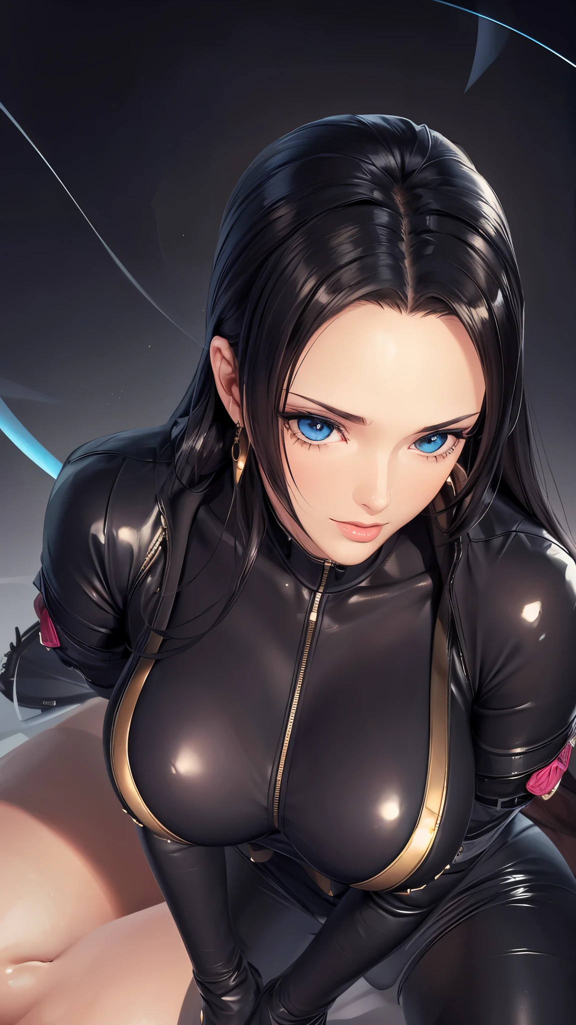 （（（完美figure，figure，Black tight fitting leather clothing, black leather clothing, leather clothing, reflective clothing， （（（boa hancock，Dark long hair, combed with a chiffon hairstyle, slightly wide forehead smooth and flat, deep blue eyes, slender and delicate corners of the eyes, almond eyes exuding a hint of coldness, nose bridge high and straight, nose small and delicate, lips soft without any wrinkles. Wearing a pair of snake shaped golden earrings under the ears）））((masterpiece)),high resolution, ((Best quality at best))，masterpiece，quality，Best quality，（（（ Exquisite facial features，looking at the audience,There is light in the eyes，(sticking out tongue, opening mouth)，））），型figure:1.7））），（（（Interlacing of light and shadow，huge boobs））），（（（looking into camera，black background，)）））