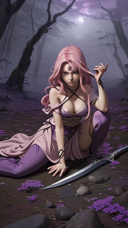 garota com espada de fio brilhante , flowing pink hair, olhos violetas, roupa colante na pele , decote, anime, the background is a nocturnal forest with a faint fog, some stones and branches lying on the ground , dynamic angle, Sedutora, Pose de heroi, atraente, 