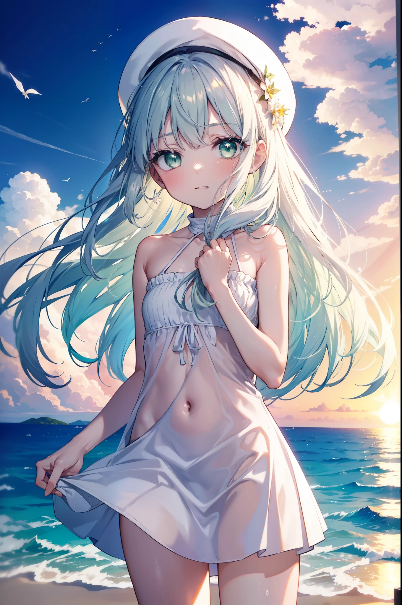 index, index, (green eyes:1.5), silver hair, long hair, (flat chest:1.2),white hat,白色ロングskirt一体型ワンピース,barefoot,skirt,naked neck,bare clavicle,bare shoulders,bare arms,happy smile, smile, open your mouth,beachのsandy beachを散歩しながら、Silver hair fluttering in the breeze, sunset,evening,The sun is setting,
break looking at viewer, Upper body, whole body,(cowboy shot:1. 5)
break outdoors, beach,sandy beach,
break (masterpiece:1.2), highest quality, High resolution, unity 8k wallpaper, (figure:0.8), (detailed and beautiful eyes:1.6), highly detailed face, perfect lighting, Very detailed CG, (perfect hands, perfect anatomy),