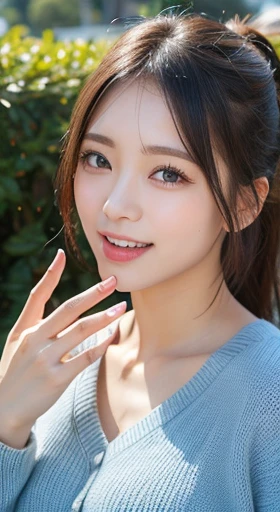 table top, highest quality, Photoreal, finely, High resolution, 8k wallpaper, perfect dynamic composition, detailed and beautiful eyes, medium hair, ponytail、Medium chest, random sexy poses,chest to chest、(Tight blue knitwear)、(chest bulge)、laughter、open your mouth、I can see the tip of the tongue、beautiful resort scenery、25 years old、(droopy eyes 1.4)、adult beauty、Japanese、raise one hand、beautiful armpits