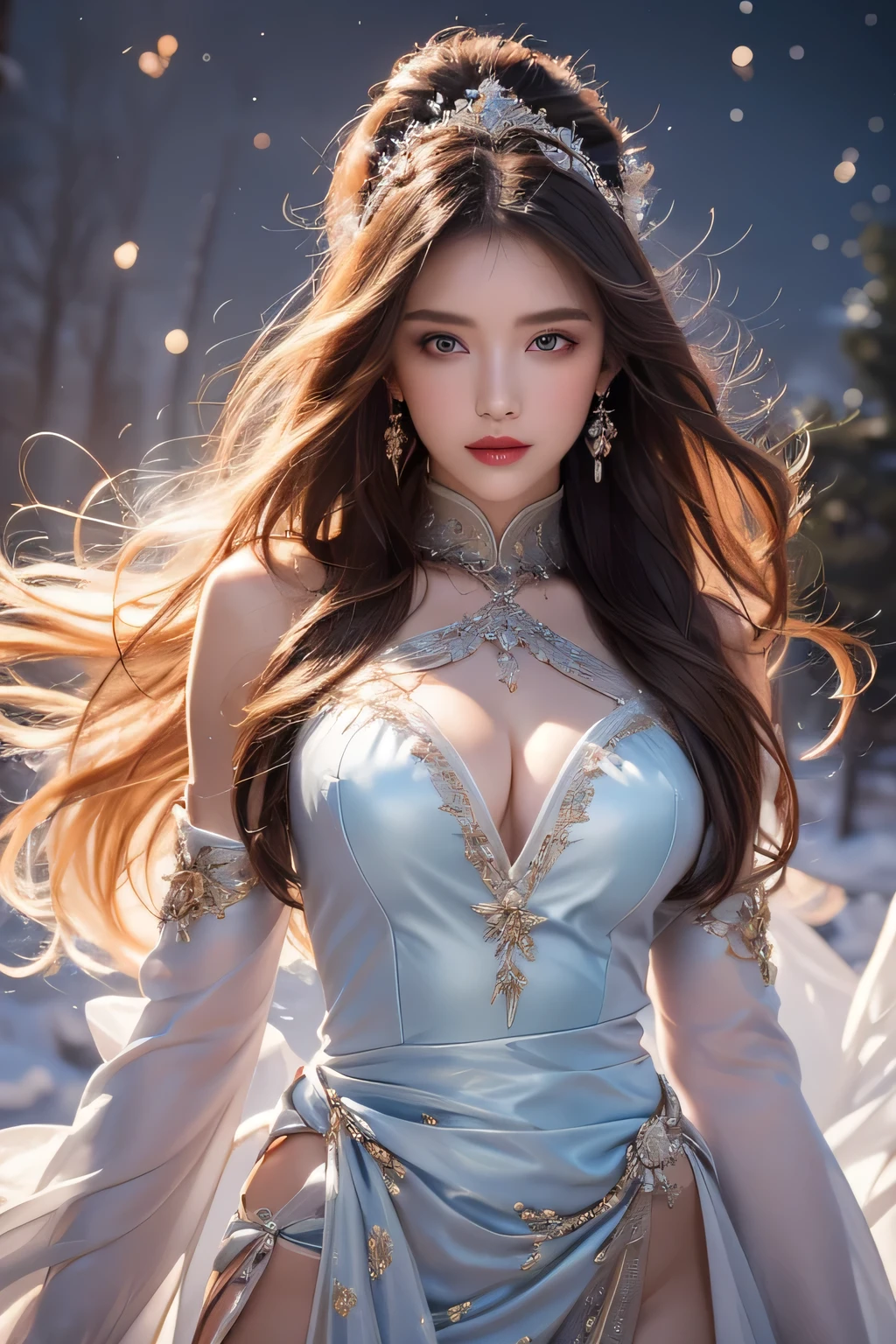 High-quality work,Realistic works,Super premium graphics,8K HD CG works,high quality graphics,High-definition and exquisite CG works,10x pixels,Ultra-fine details:1.1,Advanced technical details:1.1Realistic photo effects,Interior lighting effects:1.5,natural soft light:1.5. Light effect(Virtual light effects:1.8),ultra high resolution,shining dress,sliver long hair,silber hair,transparenthair,high detailed hair(Quality hair details:1.1)Clear eyes,Double eyelids look good,Sharp eye makeup, Create exquisite eyelash makeup, tthin eyebrows, Ultra-detailed eyes,a tall nose, lovely red lips, rosey cheeks, With delicate makeup on her face , pretty face, The face shape is perfectly proportioned,(Advanced facial details:1.1)1 beautiful woman, clear blue eyes, 赤いlong hair, beautiful face, real face, beautiful detailed eyes, beautiful skin, woman dancing gracefully:1.7, woman dancing gracefully:1.7)), Long red hair fluttering in the wind, long red hair bounces, Long red hair dancing in the wind, hair jump, halter neck, red leather pants, red leather jacket, silver earrings, ((night, Wind, darkness, full moon, night sky, snow and hoarfrost, very cold winter day, snow-capped mountainや森, hoarfrost, snow-capped mountain々, The beauty and brilliance of frost-covered trees, The tranquility and beauty of a world of ice and snow)), hip up, beautiful eyes, long hair, ring-shaped eyes, jewelry,Women's artwork,Dress full body video,Realism,Amazing Cleavage,My eyes are very bright today