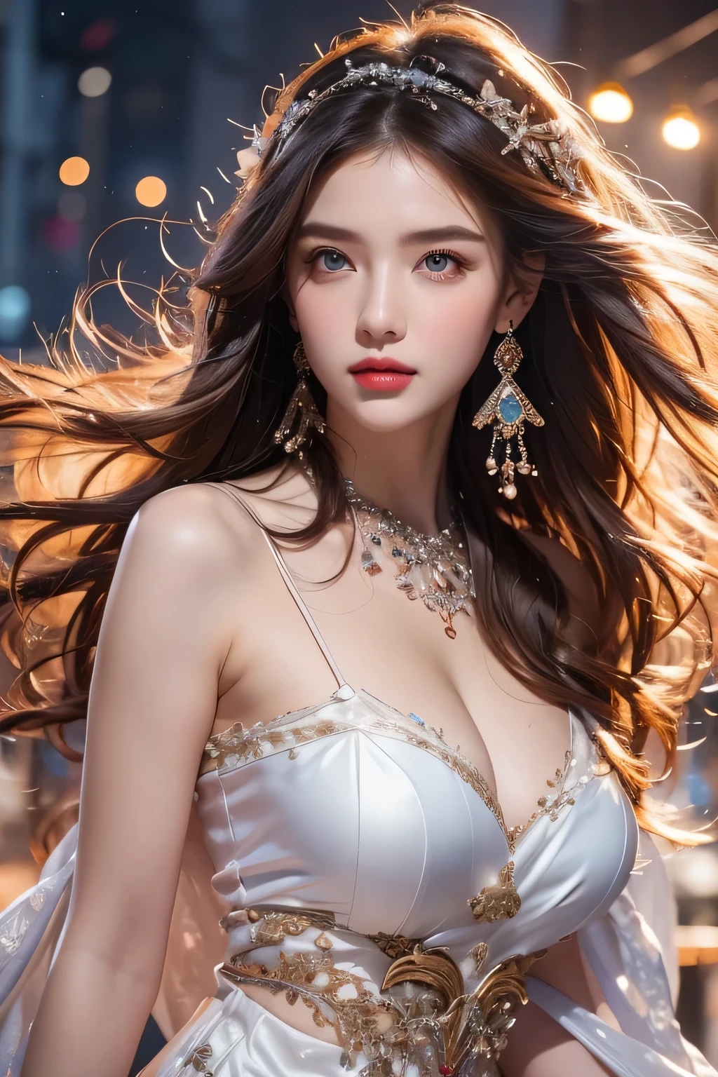 High-quality work,Realistic works,Super premium graphics,8K HD CG works,high quality graphics,High-definition and exquisite CG works,10x pixels,Ultra-fine details:1.1,Advanced technical details:1.1Realistic photo effects,Interior lighting effects:1.5,natural soft light:1.5. Light effect(Virtual light effects:1.8),ultra high resolution,shining dress,sliver long hair,silber hair,transparenthair,high detailed hair(Quality hair details:1.1)Clear eyes,Double eyelids look good,Sharp eye makeup, Create exquisite eyelash makeup, tthin eyebrows, Ultra-detailed eyes,a tall nose, lovely red lips, rosey cheeks, With delicate makeup on her face , pretty face, The face shape is perfectly proportioned,(Advanced facial details:1.1)1 beautiful woman, clear blue eyes, 赤いlong hair, beautiful face, real face, beautiful detailed eyes, beautiful skin, woman dancing gracefully:1.7, woman dancing gracefully:1.7)), Long red hair fluttering in the wind, long red hair bounces, Long red hair dancing in the wind, hair jump, halter neck, red leather pants, red leather jacket, silver earrings, ((night, Wind, darkness, full moon, night sky, snow and hoarfrost, very cold winter day, snow-capped mountainや森, hoarfrost, snow-capped mountain々, The beauty and brilliance of frost-covered trees, The tranquility and beauty of a world of ice and snow)), hip up, beautiful eyes, long hair, ring-shaped eyes, jewelry,Women's artwork,Dress full body video,Realism,Amazing Cleavage,My eyes are very bright today