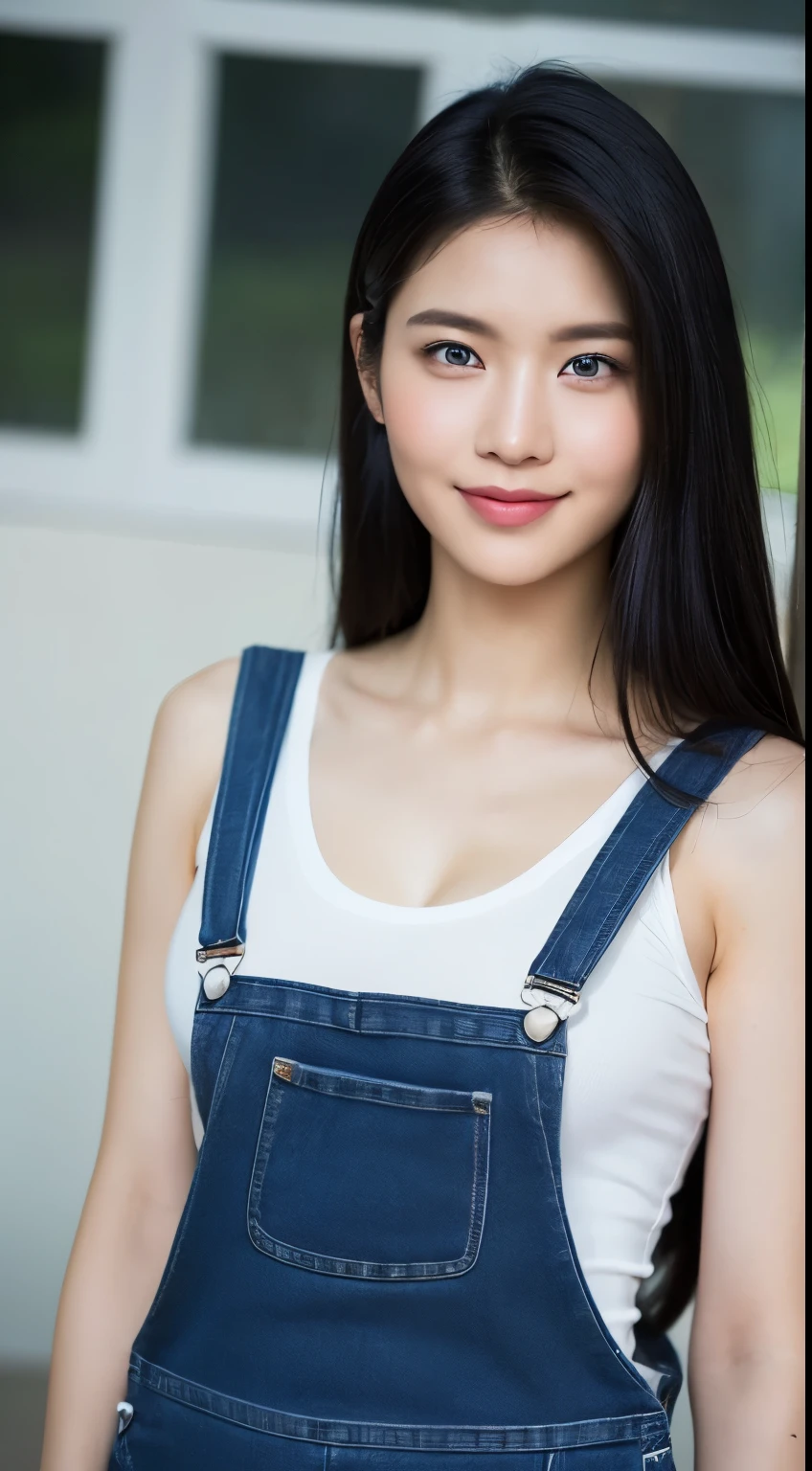 8K, Top Quality, Intricate Details, Ultra Detail, Ultra High Resolution, Masterpiece, random angle, Slender, Smile, (Makeup: 0.4), (Fluffy Blue Eyes: 1.21), blue Eyes, looking at viewer, ((full body)), 1girl, solo, 1 girl, (( full body)), close up shot, , ((tall)), (((fit body))), (((slim face))), sharp face, sharp eyes, (((black hair, long hair, )) , (detailed face), sharp face, small lips,
(( t)), ((Overalls)), detailed face, detailed breast, , large breast, detail ass, , Beautiful girl with accentuated slender abs: 1.4, Six Pack Abs: 1.4, Bust Botox, Big, Perfect Body, detail leg, (( moonlight)), top of mountain
