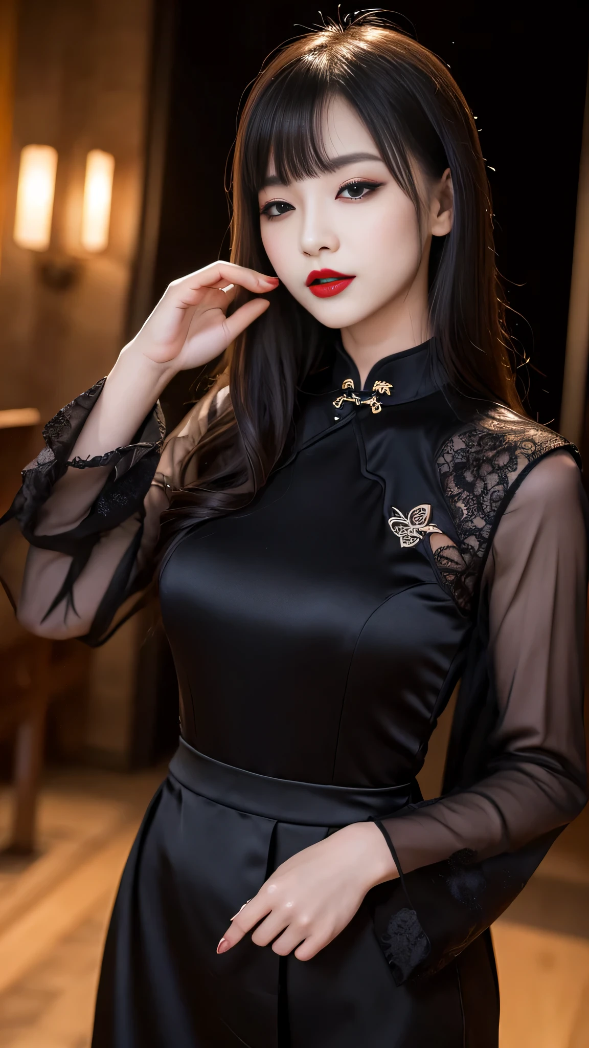tra-detailed、Japanese、attractive beauty、seductive adult woman、pretty woman、piercing eyes、cool girl、wavy hair、swept bangs、Long Black Cheongsam、wide sleeves、Evil cadres、evil depravity、brainwash、mind control、lipstick、lip gloss、dark makeup、smirk、Evil expression、evil、hollow eyes,half-closed eyes、empty eyes、evil、church at night、vampire、succubus、vampire、Swear allegiance、