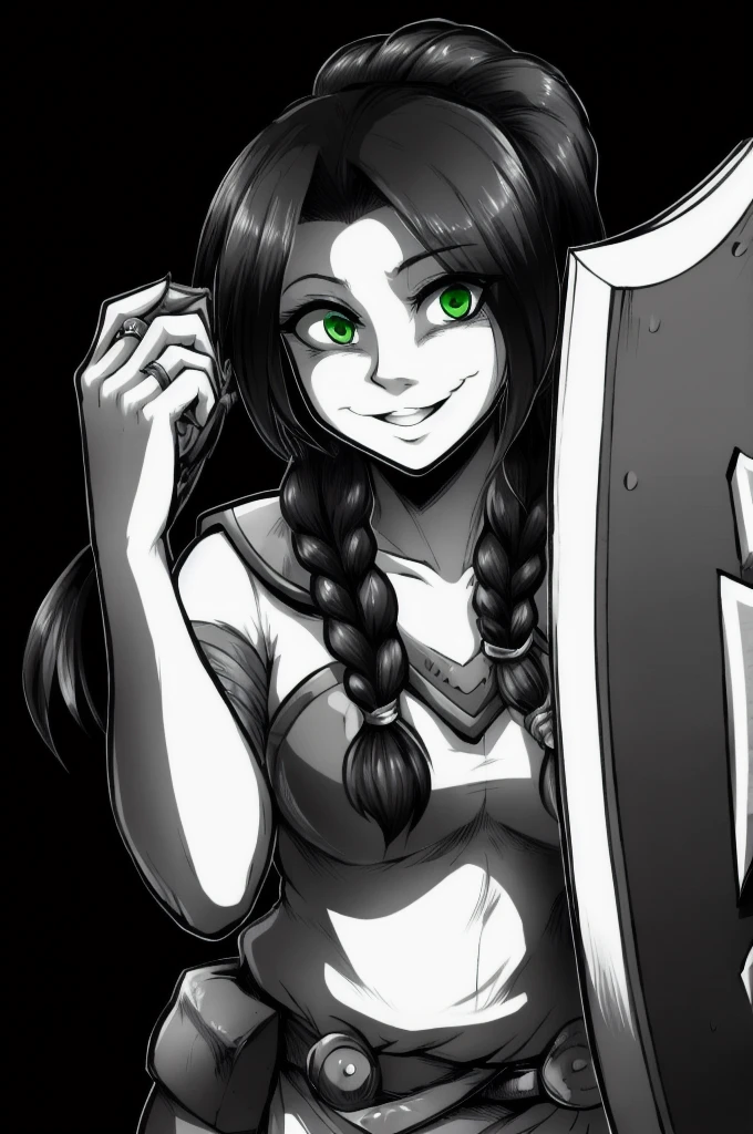 Masterpiece, Best quality, Monochrome, Grayscale, Epi Blue, gesugao, 1girl, com.shadowheart, Black hair, braided ponytail, green eyes, The ring, Upper body, shield, He smiles, fee, Looking at the viewer, black background 