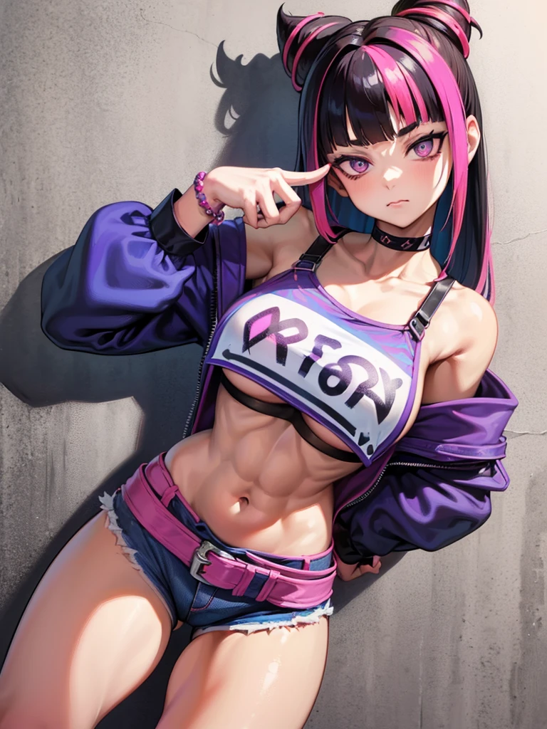 Juri Han,Masterpiece, Best Quality, 1girl, report, crop-top, jean shorts, Choker, (graffiti:1.aint splatter, (Hands Behind Your Back), Against a wall, looking a viewer, A bracelet, thigh strap, Paint on the body, tilt of head, bored, fiery hair color, Rainbow-colored eyes,juri han
