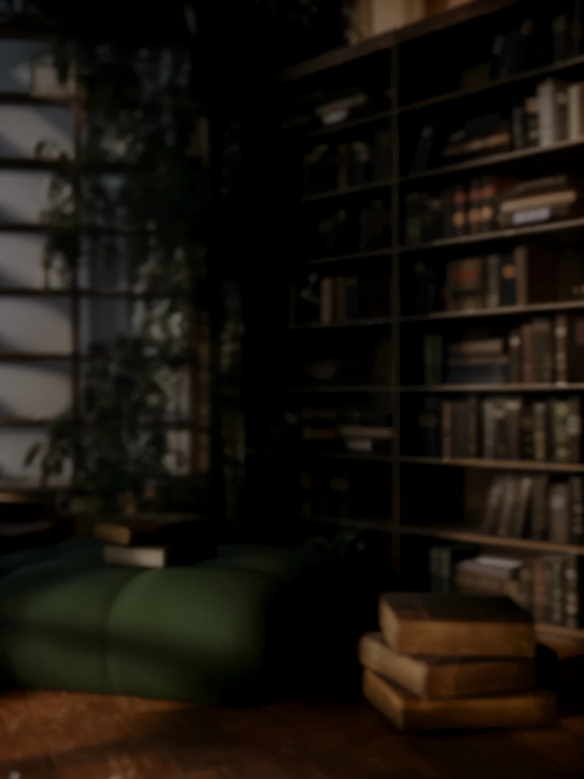 There is a cat sitting on a chair in the room, alchemist library background, library background, tilt shift library background, blurry background of the library, library interior background, gloomy library, dusty library, personal room background, magical library bokeh, in a gloomy library, some background blur, Realistic cinematic rendering, dark library, Detailed architectural visualization renderings, background = library
