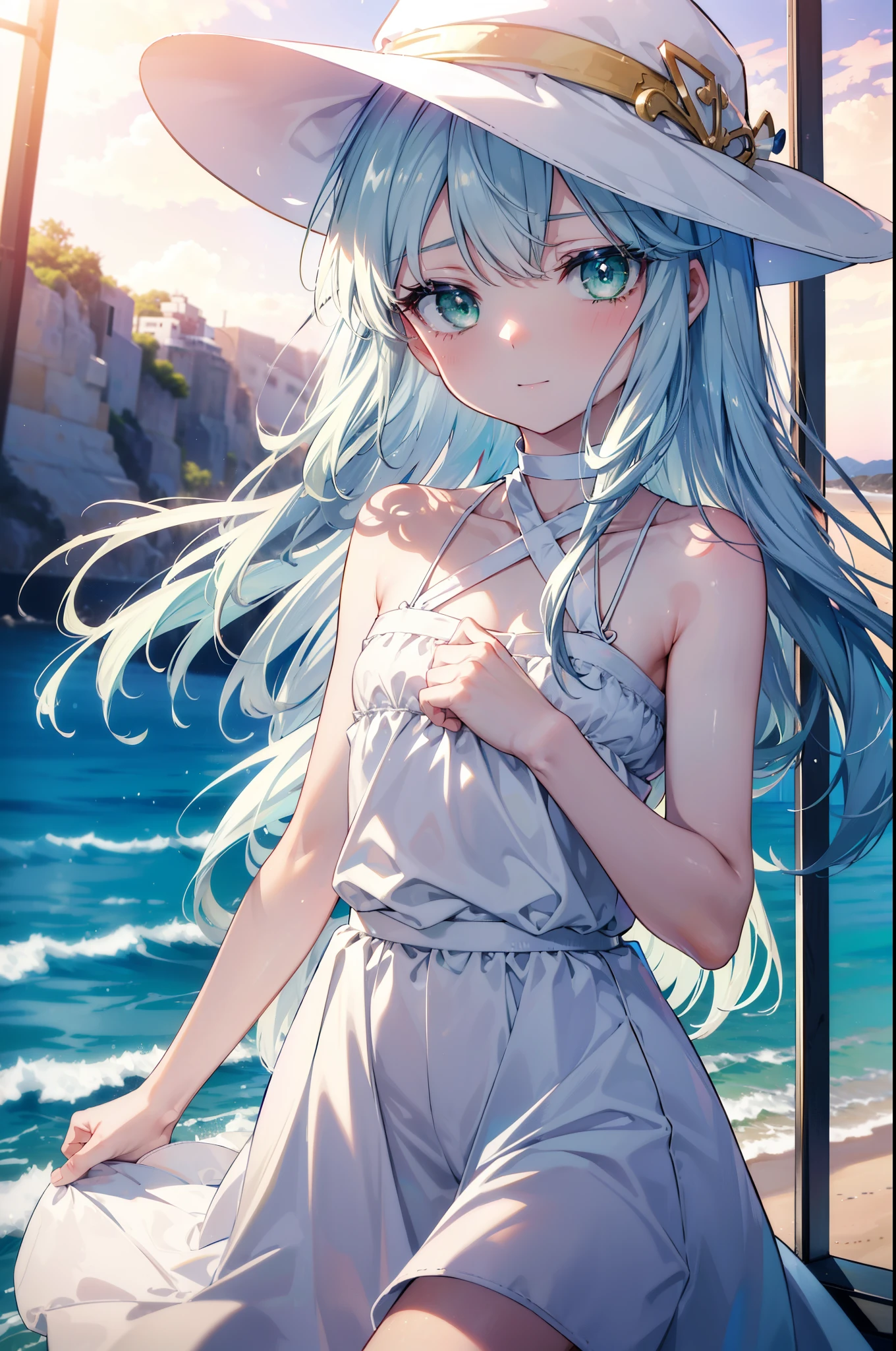 index, index, (green eyes:1.5), silver hair, long hair, (flat chest:1.2),white hat,白色ロングskirt一体型ワンピース,barefoot,skirt,naked neck,bare clavicle,bare shoulders,bare arms,happy smile, smile, open your mouth,beachのsandy beachを散歩しながら、Silver hair fluttering in the breeze, sunset,evening,The sun is setting,
break looking at viewer, Upper body, whole body,(cowboy shot:1. 5)
break outdoors, beach,sandy beach,
break (masterpiece:1.2), highest quality, High resolution, unity 8k wallpaper, (figure:0.8), (detailed and beautiful eyes:1.6), highly detailed face, perfect lighting, Very detailed CG, (perfect hands, perfect anatomy),