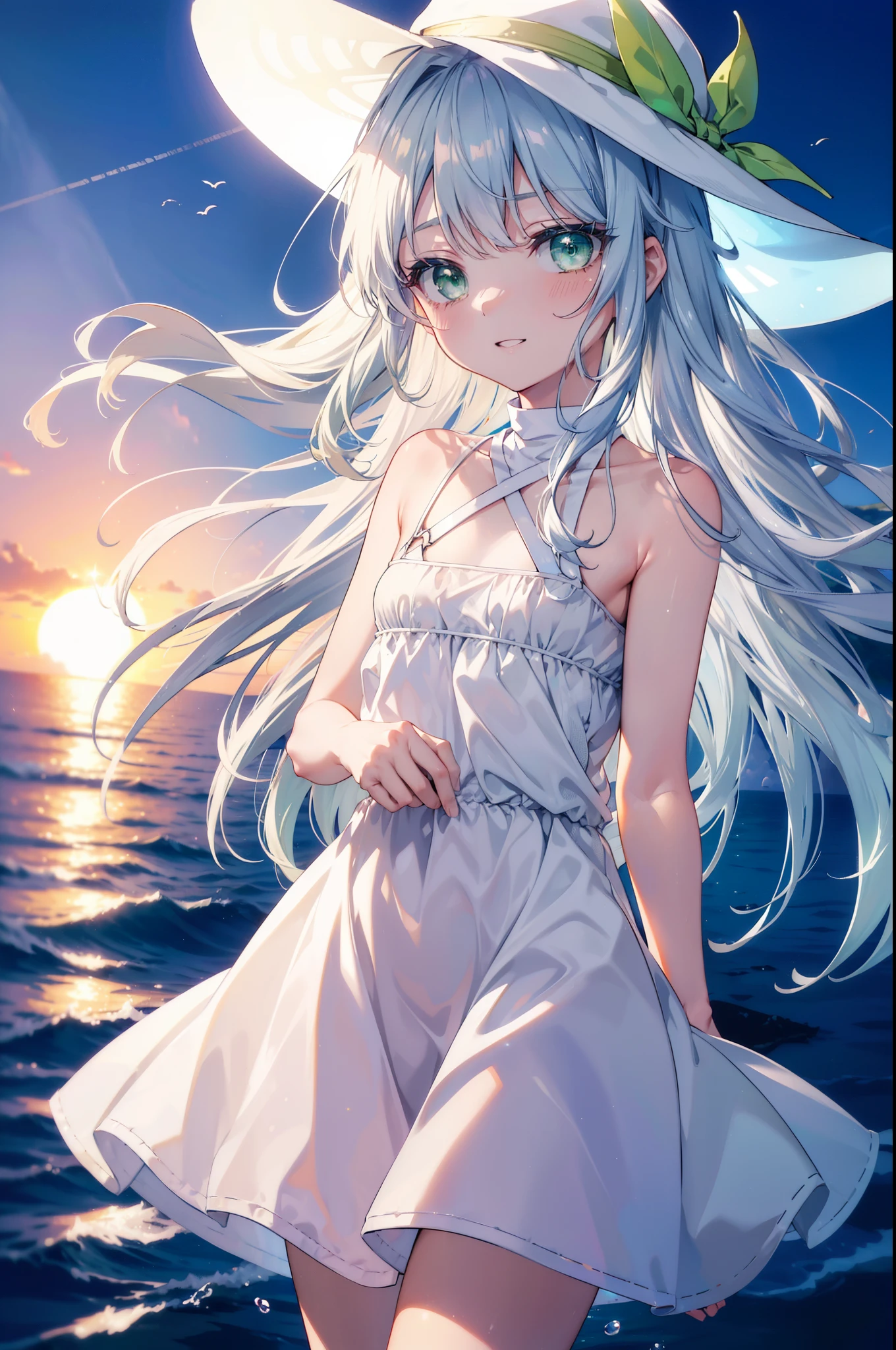 index, index, (green eyes:1.5), silver hair, long hair, (flat chest:1.2),white hat,白色ロングskirt一体型ワンピース,barefoot,skirt,naked neck,bare clavicle,bare shoulders,bare arms,happy smile, smile, open your mouth,beachのsandy beachを散歩しながら、Silver hair fluttering in the breeze, sunset,evening,The sun is setting,
break looking at viewer, Upper body, whole body,(cowboy shot:1. 5)
break outdoors, beach,sandy beach,
break (masterpiece:1.2), highest quality, High resolution, unity 8k wallpaper, (figure:0.8), (detailed and beautiful eyes:1.6), highly detailed face, perfect lighting, Very detailed CG, (perfect hands, perfect anatomy),