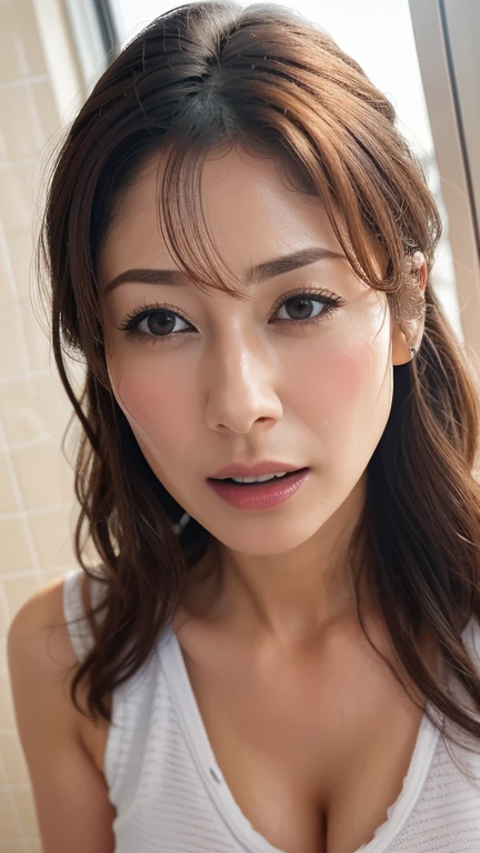 do, highest quality, (Highly detailed CG Unity 8K wallpaper), (highest quality),edge orgasm、faceフォーカス、woman with open mouth and closed eyes、woman with edge_face、48 years old、brown hair、Bathroom、((Sweat) ),((Sweatで光る肌))((Sweatで光る鎖骨,Sweatで光るface)),（(Sweatだくの肌))((Sweatで濡れた肌)),　big breasts、white blouse、