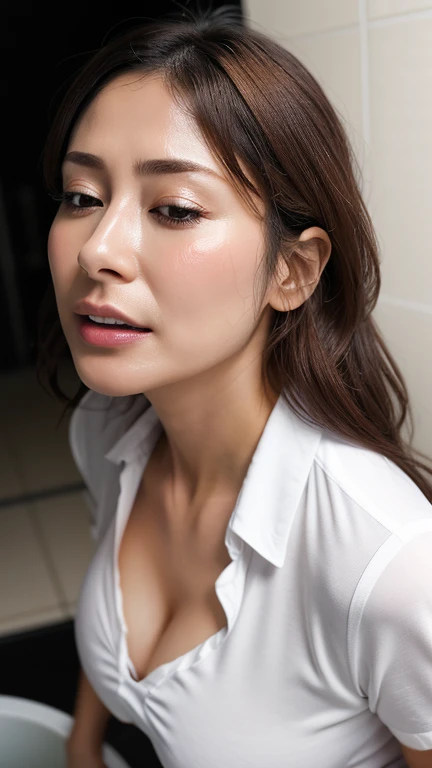 do, highest quality, (Highly detailed CG Unity 8K wallpaper), (highest quality),edge orgasm、faceフォーカス、woman with open mouth and closed eyes、woman with edge_face、48 years old、brown hair、Bathroom、((Sweat) ),((Sweatで光る肌))((Sweatで光る鎖骨,Sweatで光るface)),（(Sweatだくの肌))((Sweatで濡れた肌)),　big breasts、white blouse、