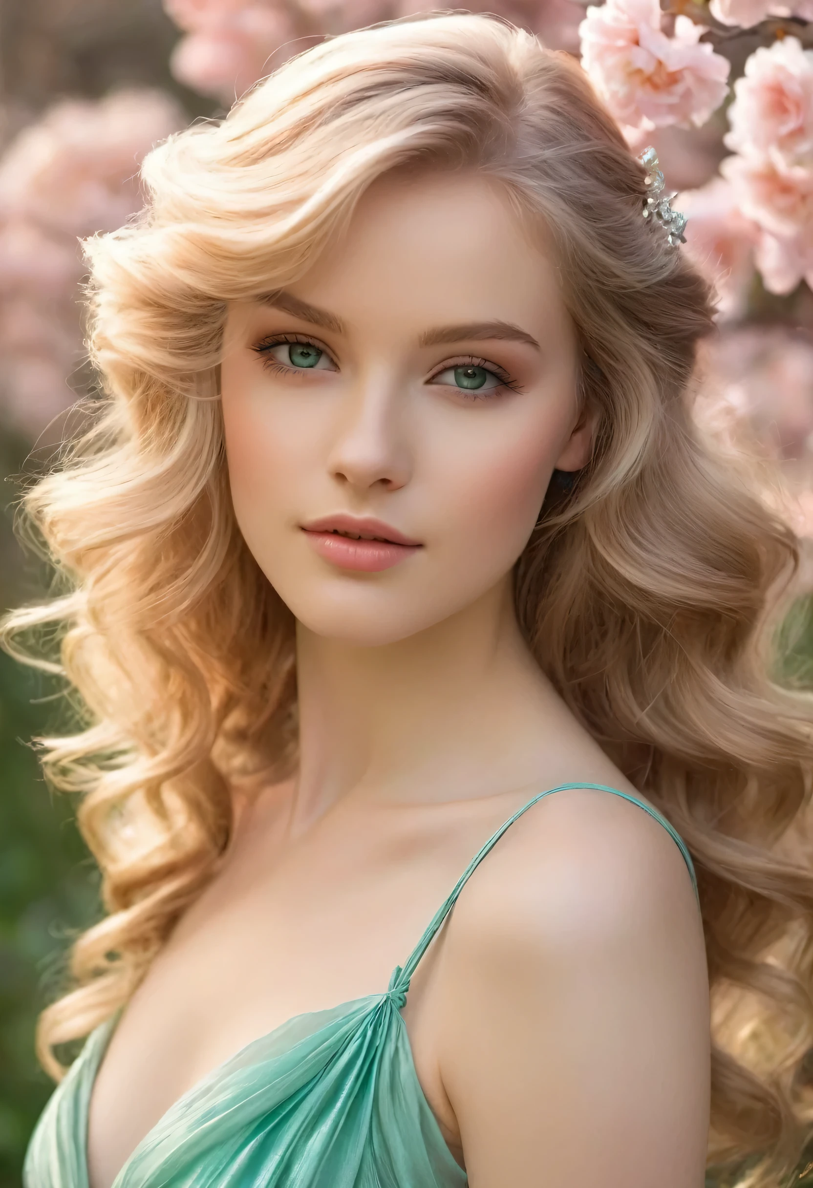 one might imagine a girl with delicate features, perhaps fair skin with a hint of rosy blush, soft, flowing hair, possibly in shades of light brown blone cascading in light waves, and eyes reminiscent of a clear sky or perhaps a sparkling gemstone like light emerald. She might have an elegant and graceful demeanor, carrying herself with poise and charm.