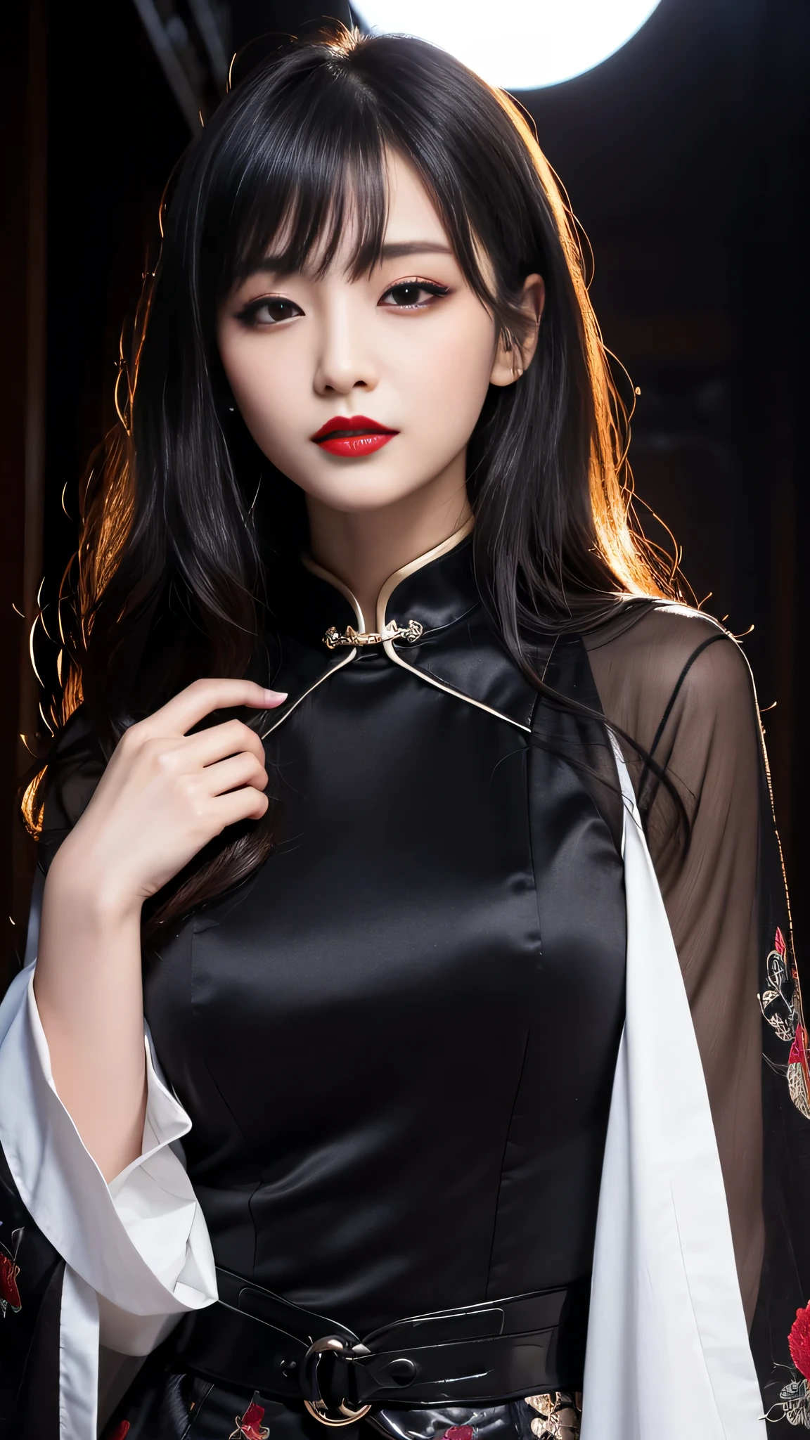 tra-detailed、Japanese、attractive beauty、seductive adult woman、pretty woman、piercing eyes、cool girl、wavy hair、swept bangs、Long Black Cheongsam、wide sleeves、slit、Evil cadres、evil depravity、brainwash、mind control、lipstick、lip gloss、dark makeup、smirk、Evil expression、evil、hollow eyes,half-closed eyes、empty eyes、evil、church at night、vampire、succubus、vampire、Swear allegiance、