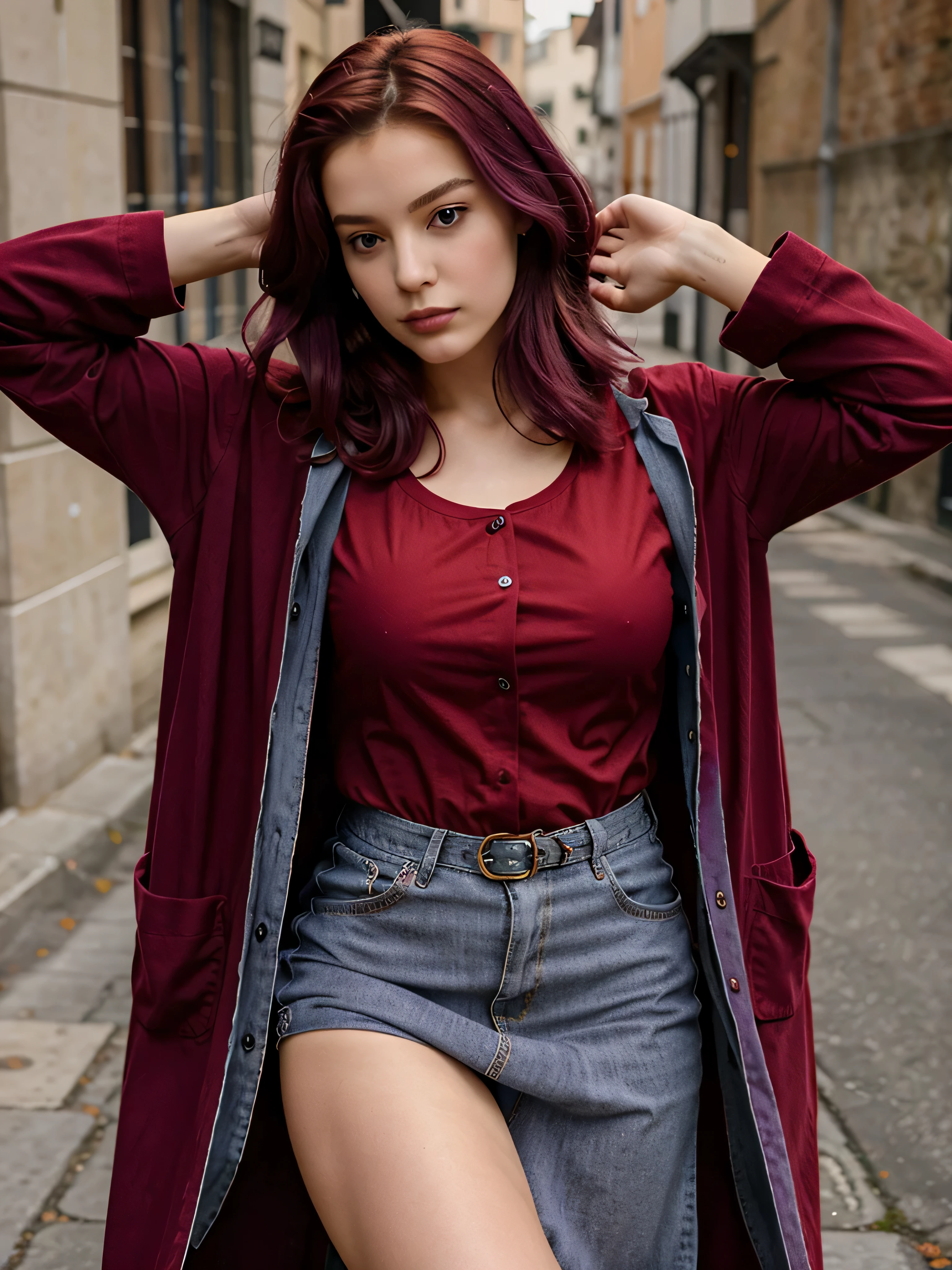 eune fille de 20 ans au cheveux tres long violet avec une veste ROUGE, habiller en ROUGE, vetue de ROUGE, OUTFIT RED, une tenue rouge, tshirt rouge RED rouge, habiller rouge mode, robe rouge, tenue vestimentaire rouge