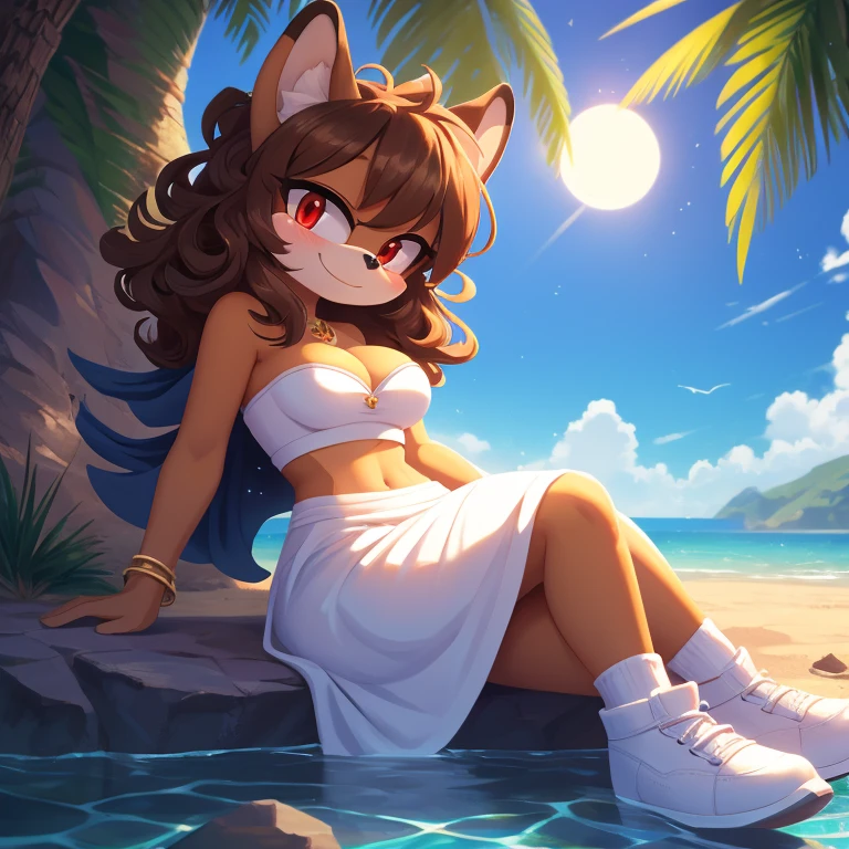 mobian, hedgehog, two-tone fur ((orange fur, brown fur)), Hijab, strapless crop top, long skirt, white robe, medium breasts, cleavage, high-top lace-less sneakers, two-tone hair (brown hair, black tip)), curly hair, halo, jewelry, red eyes, white aura, longeyelashes, red eyes, smile, smirk, blush, lying on the water, in the oasis, high in the clouds, high detail, masterpiece, UHD, anatomically correct, super detail, highres, 4K