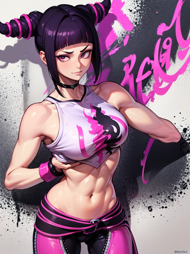 Juri Han,Masterpiece, Best Quality, 1girl, report, crop-top, jean shorts, Choker, (graffiti:1.aint splatter, (Hands Behind Your Back), Against a wall, looking a viewer, A bracelet, thigh strap, Paint on the body, tilt of head, bored, fiery hair color, Rainbow-colored eyes,juri han,sorriso
