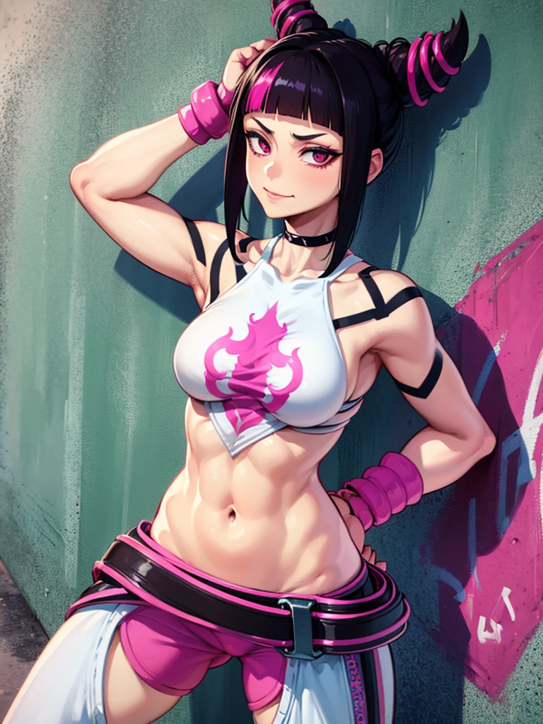 Juri Han,Masterpiece, Best Quality, 1girl, report, crop-top, jean shorts, Choker, (graffiti:1.aint splatter, (Hands Behind Your Back), Against a wall, looking a viewer, A bracelet, thigh strap, Paint on the body, tilt of head, bored, fiery hair color, Rainbow-colored eyes,juri han
sorriso maligna