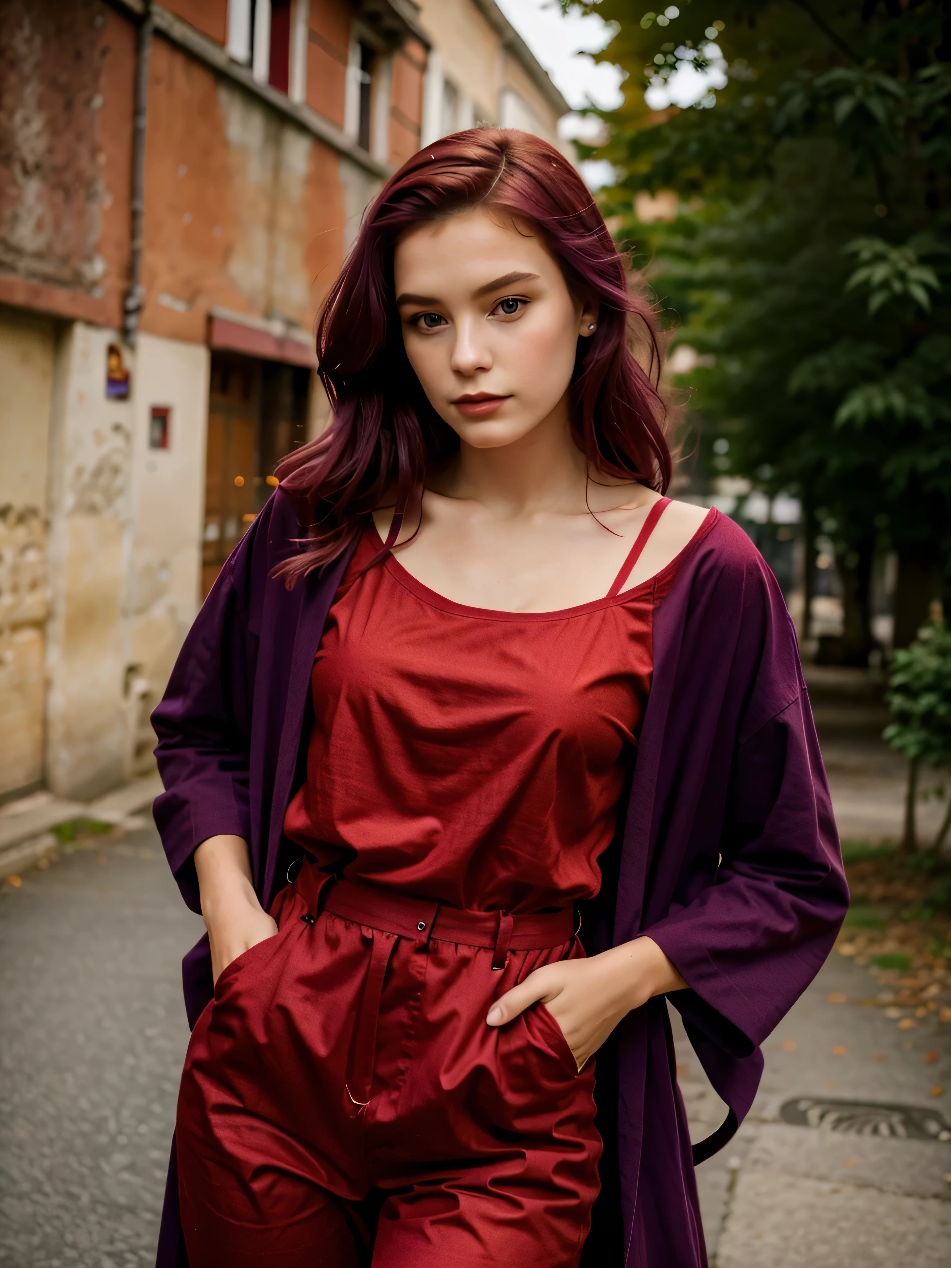 jeune fille de 20 ans au cheveux tres long violet avec une veste ROUGE, habiller en ROUGE, vetue de ROUGE, OUTFIT RED, une tenue rouge, tshirt rouge RED rouge, habiller rouge mode, robe rouge, tenue vestimentaire rouge