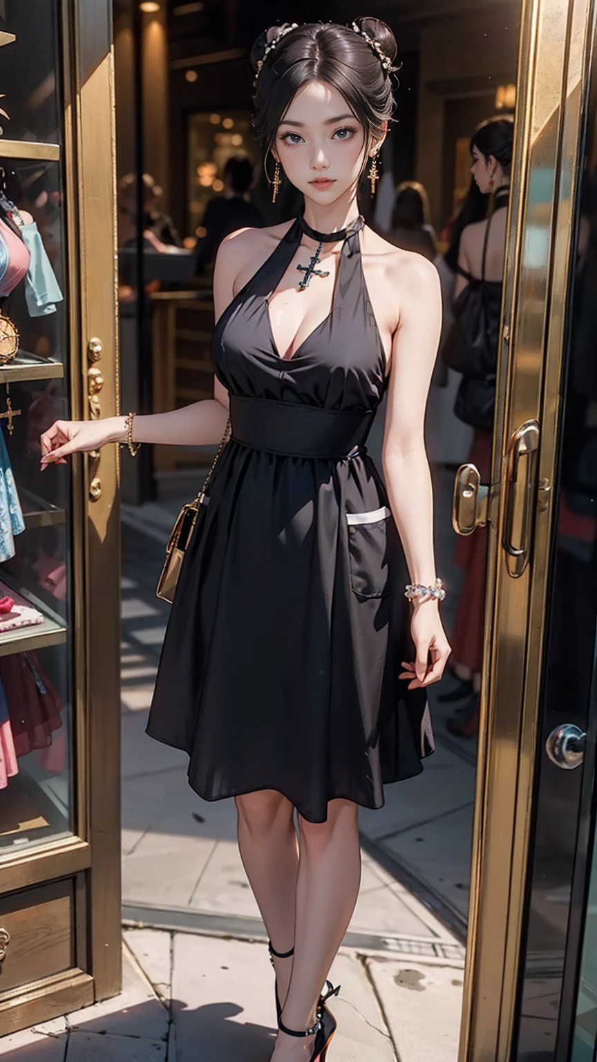 最high quality, 8K, masterpiece: 1.3, Ultra HD, high quality, 最high quality, High resolution, realism)) 、slender、slenderだがアスリートのような細マッチョ、I don't want my head to disappear from the screen.、Wear accessories on your wrist、Wearing red nail polish、I have a peticure、aerial perspective((atmospheric perspective))、smile((smiley))、background blur((depth of field)、Mini length cross halter neck((cross halter neck))Wear a dress、Wear stiletto heels、crystal earrings((crystal earrings))、chest pocket、Standing with your weight on the window display of a youth brand shop、Cross one's arms、Breasts on arms、Three-ply chignon((triple bun))