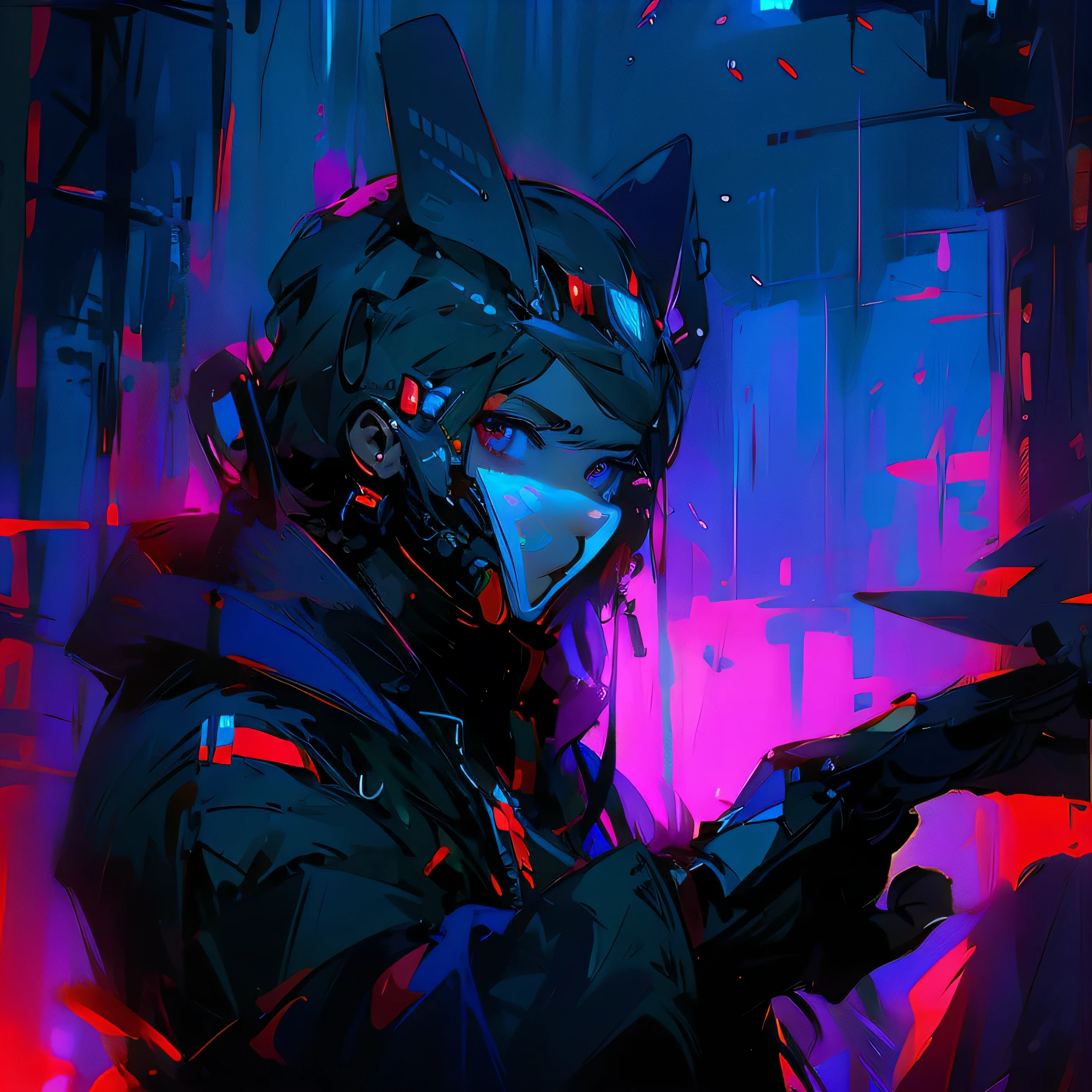 ultra detail, high resolution, ultra detailed, best quality, amazing, top quality, extremely detailed CG 8k wallpaper unit, cinematic lighting, cyberpunk, dark boy, Wolf face mask, brown hair, hood covering head