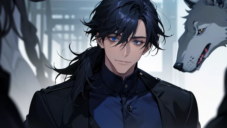(highest quality, High resolution, masterpiece:1.2),Super detailed,realistic,portrait,A chaotic scene,Dark and mysterious atmosphere,male,Deep blue hair,Tie in a low ponytail,Black and navy blue pilot suit,expensive,Caring for the wolves,He has a navy coat on his shoulders,there's no one behind me,dark blue eyes,smiled a little,With the wolf