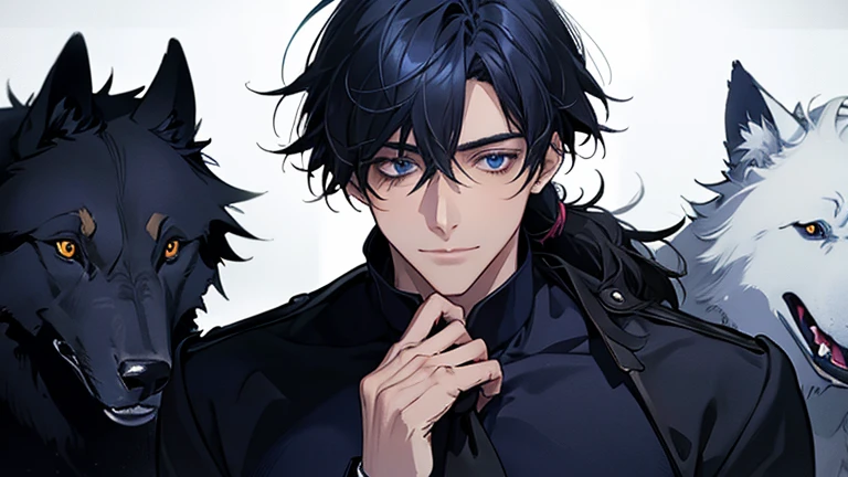 (highest quality, High resolution, masterpiece:1.2),Super detailed,realistic,portrait,A chaotic scene,Dark and mysterious atmosphere,male,Deep blue hair,Tie in a low ponytail,Black and navy blue pilot suit,expensive,Caring for the wolves,He has a navy coat on his shoulders,there&#39;s no one behind me,dark blue eyes,smiled a little,With the wolf
