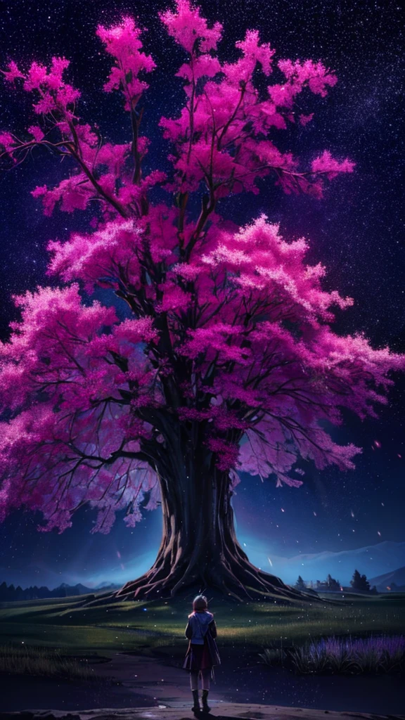 Describe the scene of a giant cherry tree standing on a grassy hill., starry sky,Colorful nebulae and your favorite constellations