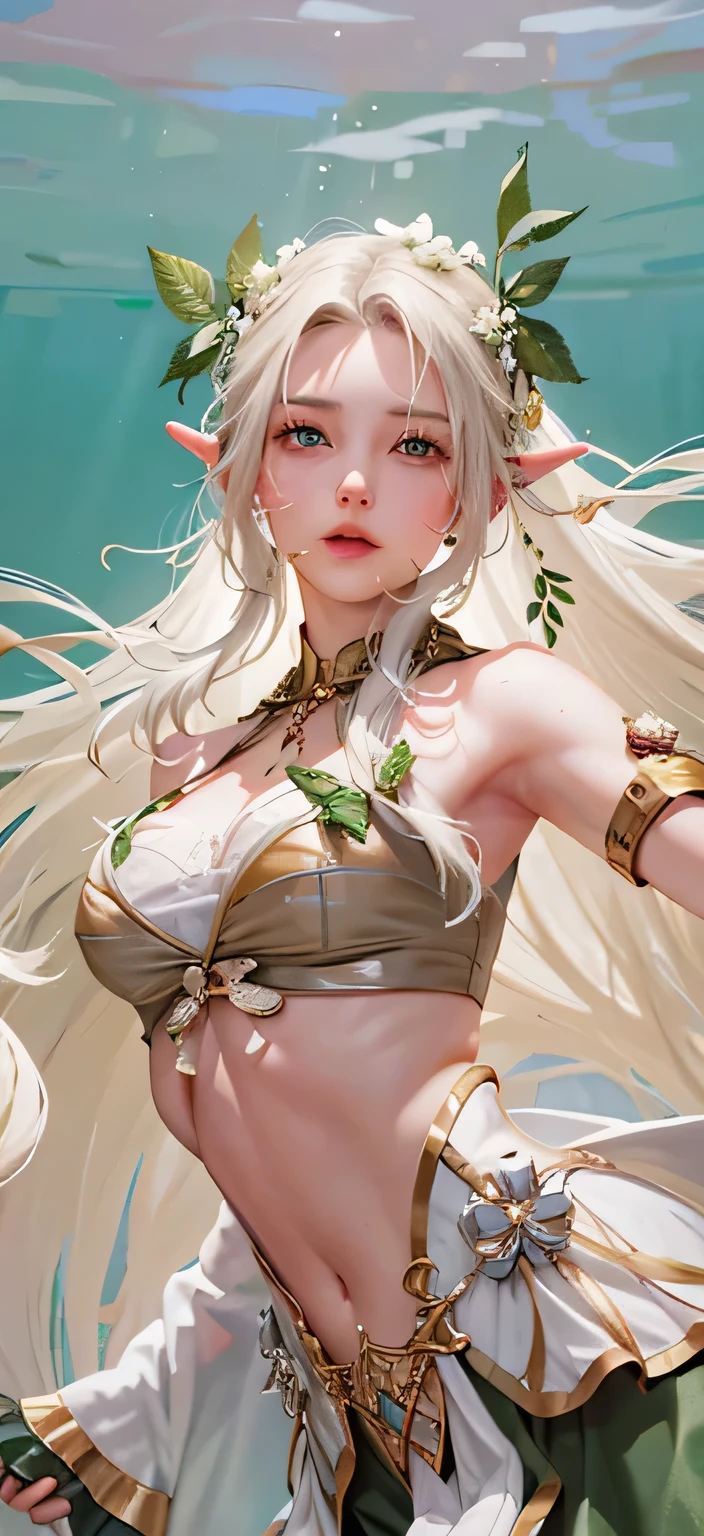 (Masterpiece:1.4),(Best Quality:1.4),
1Girl, armlet, bare shoulder, Blonde hair, blush, wristband, pectorals, CIRCLET, elf, Green Eyes, Head wreath, Huge breasts, jewellery, large full breasts, Laurel Crown, Long hair, looking up at viewer, navels, o-ring, O-ring top, pointy ear, Simple background, Smile, Solo, Very long hair,Celestine Lucullus,realisitic,(sparkly skin),(Masterpiece:1.4),(Best Quality:1.4),Red lips,mature women,A MILF