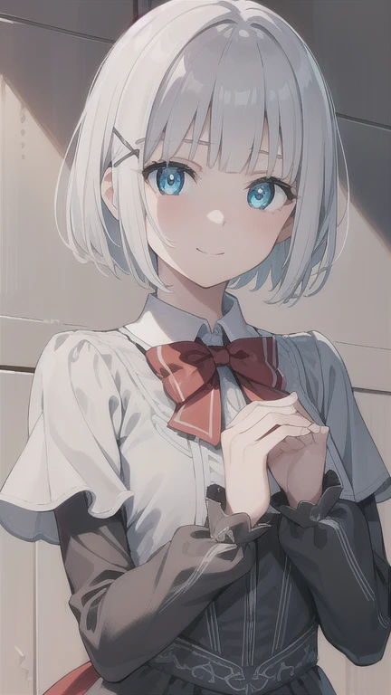 detectiveSiesta, smile, short hair, bangs, blue eyes, shirt, hair ornaments, long sleeve, dress, bow, gray hair, hair clip, blunt bangs, bowtie, red bow, x hair ornaments, red bowtie, Siesta, (Medium chest:1.2), break looking at viewer, break outside, break (masterpiece:1.2), highest quality, High resolution, unity 8k wallpaper, (figure:0.8), (detailed and beautiful eyes:1.6), highly detailed face, perfect lighting, Very detailed CG, (perfect hands, perfect anatomy),