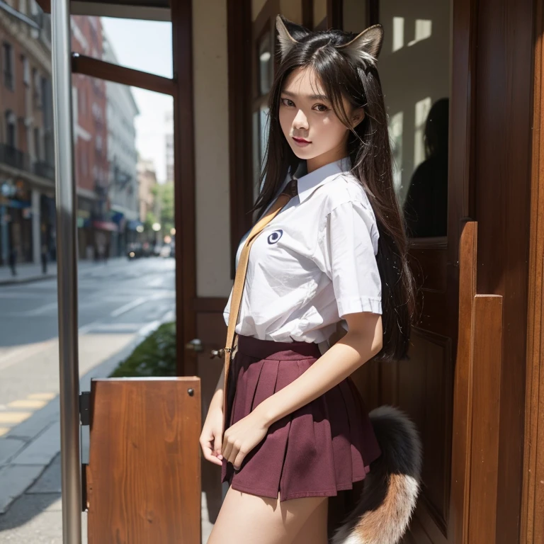 ((highest quality)), ((masterpiece)), (get used to it), perfect face, fox girl, Beautiful woman, public, Female college student, uniform, Tail from inside of skirt, she has a fox tail, she has a bushy tail, troubled face