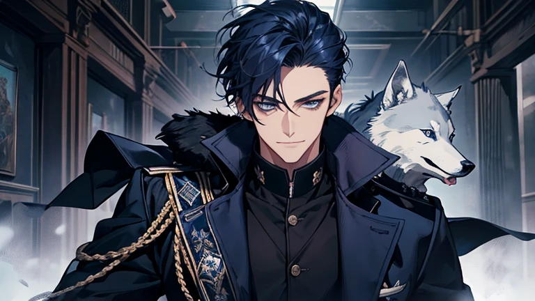 masterpiece, highest quality, confused, male,dark blue hair, low ponytail,Black and navy blue pilot suit,expensive,,Carrying wolves,He has a navy blue coat draped over his shoulders.,There&#39;There&#39;there&#39;s no one behind me,dark blue eyes,smile a little,With the wolf
