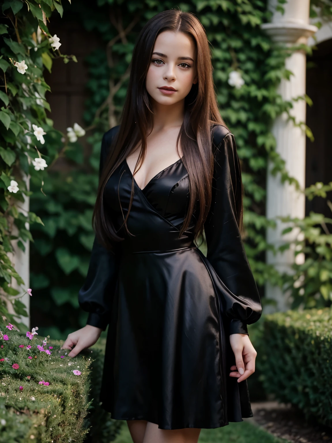 very young Holly Marie Combs, slim teenager, very small breasts, long straight hair, photo quality, eye shadow and lipstick, portrait poses, stands in a beautiful garden to take a sophisticated portrait, wearing a black short straight satin shiny dress with long sleeves.