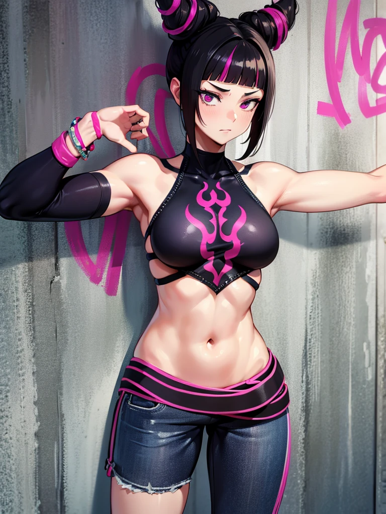Juri Han,Masterpiece, Best Quality, 1girl, report, crop-top, jean shorts, Choker, (graffiti:1.aint splatter, (Hands Behind Your Back), Against a wall, looking a viewer, A bracelet, thigh strap, Paint on the body, tilt of head, bored, fiery hair color, Rainbow-colored eyes,juri han,brava,irritada