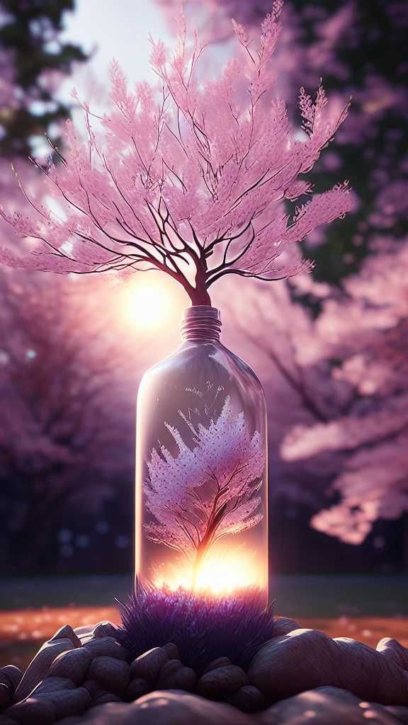 dream-likeart tree in a bottle, fluffy, realistic, photograph, canon, dream-like, art, Colorful leaves and branches with flowers on the head. hyperdetailed photographrealism by greg rutkowski - h 1024 w 804 | f16 lens mark 2:2 seconds 3555mm film grain :1 Realistic high resolution sharp focus contrast!! intricate detailed atmospheric light refraction lighting unreal engine 5 cinematic concept photographgraphy masterpiece octane render trending at cgsociety rendered as,Falling cherry blossoms