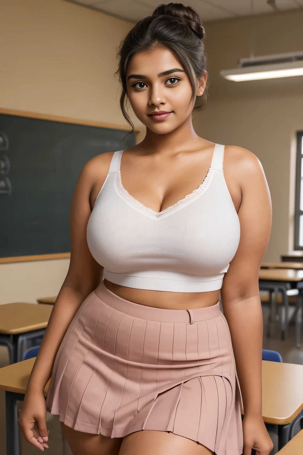 20yo in school school photo in school masterpiece, (photorealistic:1.4), best quality, beautiful lighting,Eleanor Marathi Woman 20yo Old Big 44M round firm Breasts Plus Size Model lipstick Bun lHair Bun Hair Hair Lifts Skirt Up Raised Skirt, wearing bra and panty.