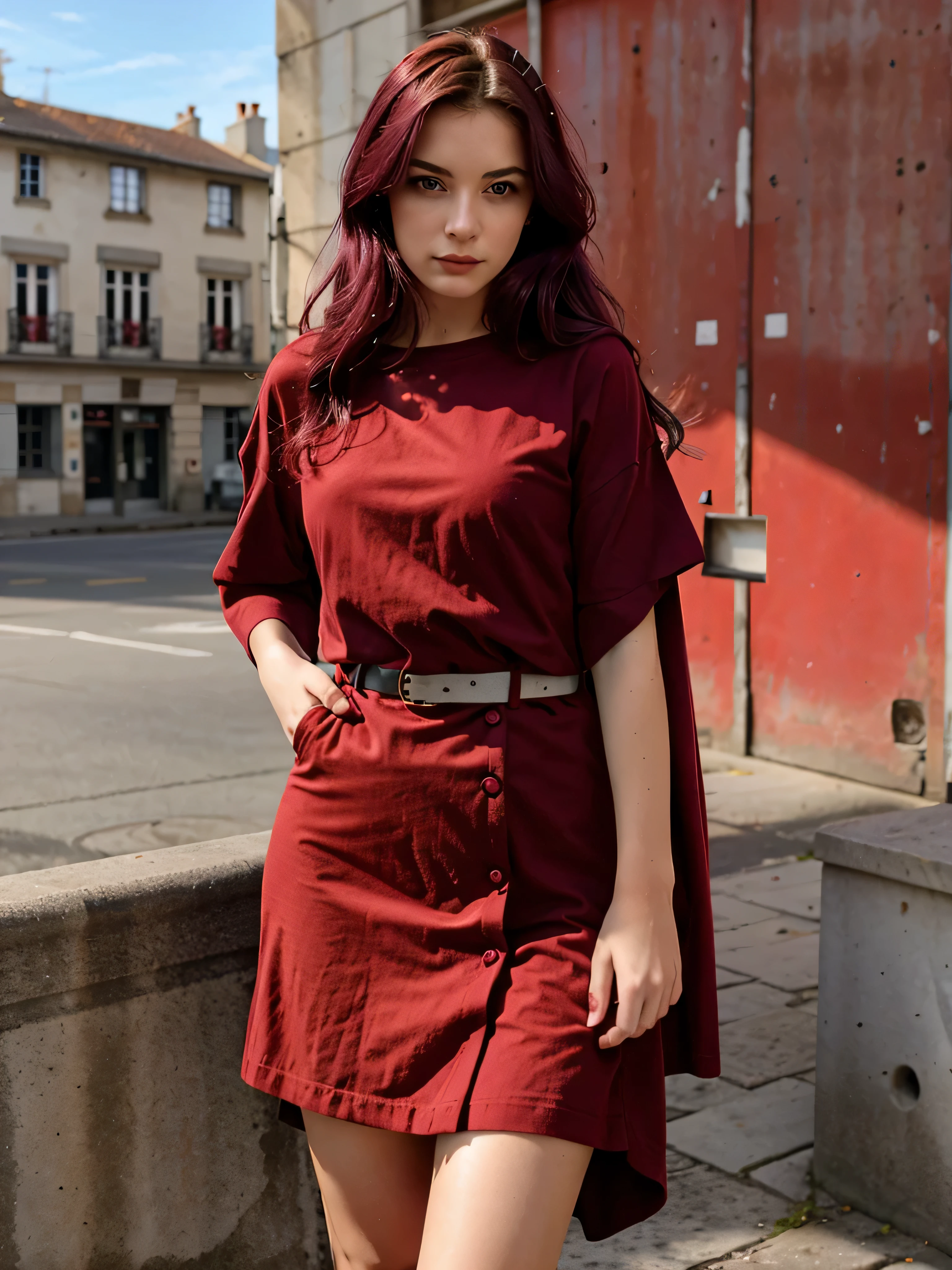 jeune fille de 20 ans au cheveux tres long violet avec une veste ROUGE, habiller en ROUGE, vetue de ROUGE, OUTFIT RED, une tenue rouge, tshirt rouge RED rouge, habiller rouge mode, robe rouge, tenue vestimentaire rouge
