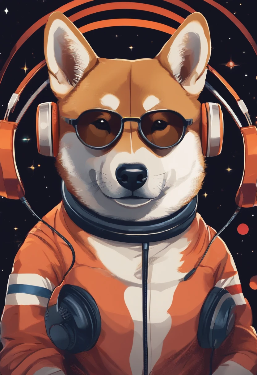 Shiba Inu wearing headphones, universe, universe복, rocket shape, planet