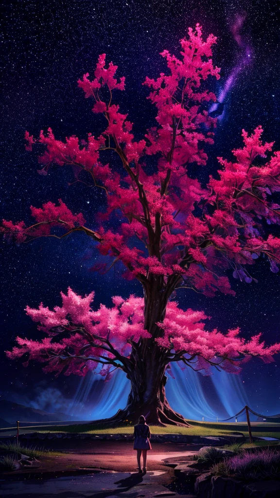 Describe the scene of a giant, glowing cherry tree standing on a grassy hill., starry sky,Colorful nebulae and your favorite constellations,There are no people,background only