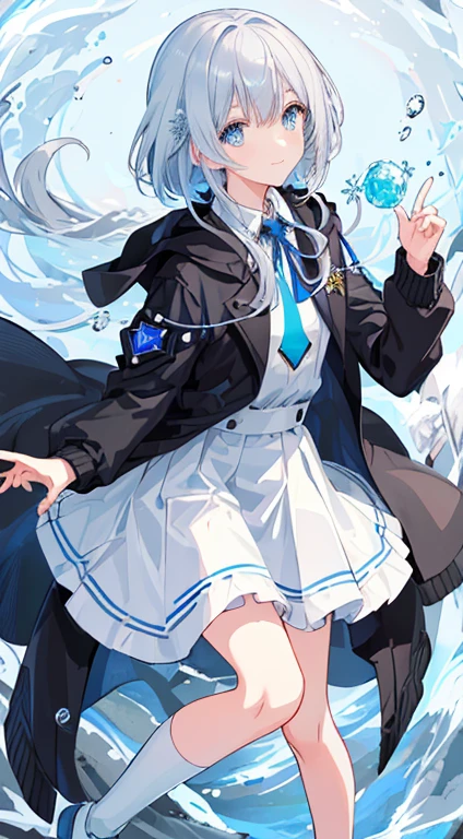 ((highest quality)), ((masterpiece)), ((super detailed)), (very delicate and beautiful), with a girl, solo, cold attitude,((black jacket)),she is very(relax)with(Calm)Appearance,black haired, Depth of the bounds written,evil smile,bubble, underwater, Air bubbles,bright light blue eyes,Inner color of light gray hair and light blue tips,,,,,,,cold background,Bob Hair - Linear Art, shorts、knee high socks、Looks like a white uniform 、light blue ribbon tie、My clothes are transparent、put one's hand in one's pocket、Eyes that shine like sapphires,Fronresse Blue, A small blue light was floating、upper eye、broken glass、snowflake eyes、wonderful eyes
